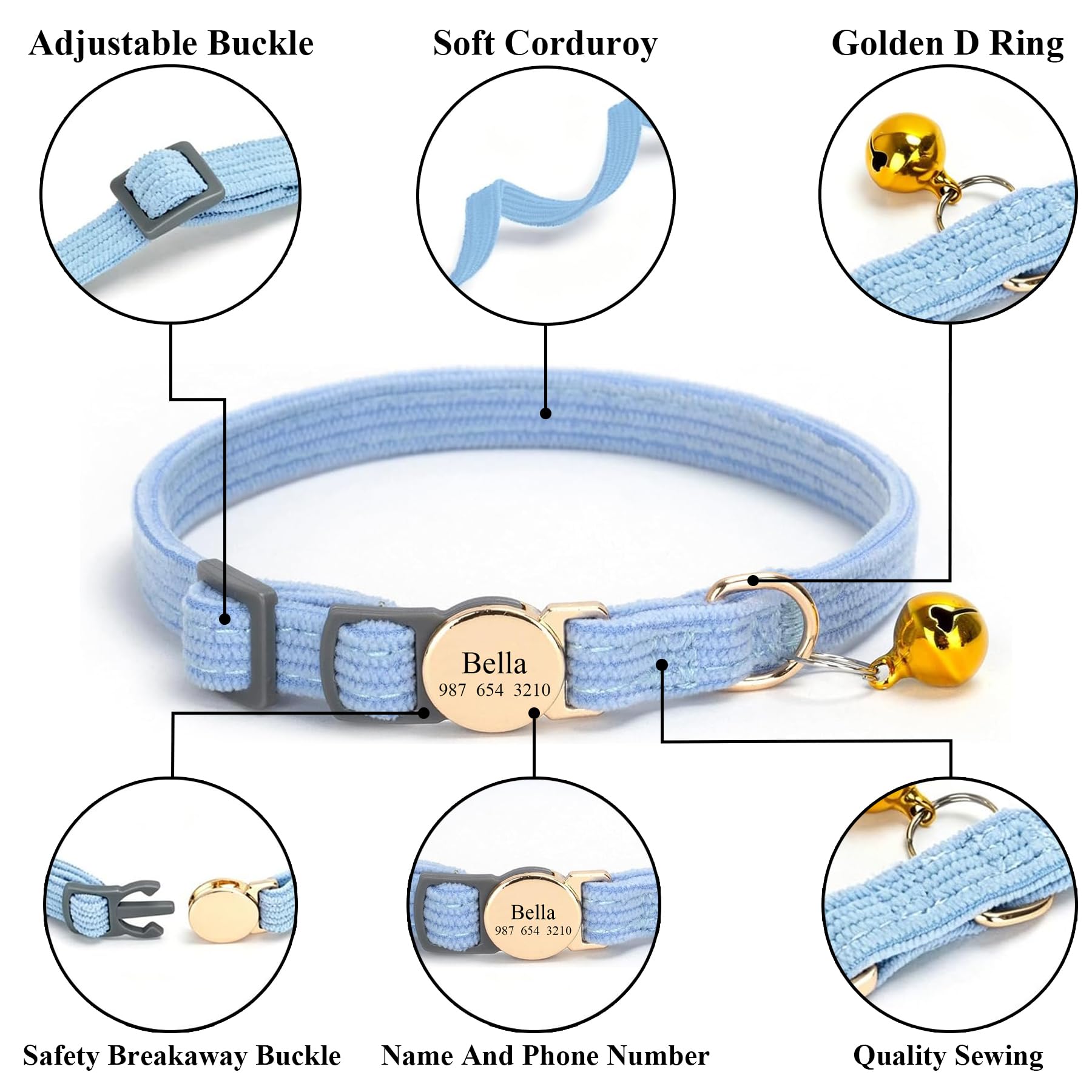 Collare gatto personalizzato con campana, nome e numero di telefono inciso su misura, tessuto regolabile morbido, fibbia a rilascio rapido Breakaway