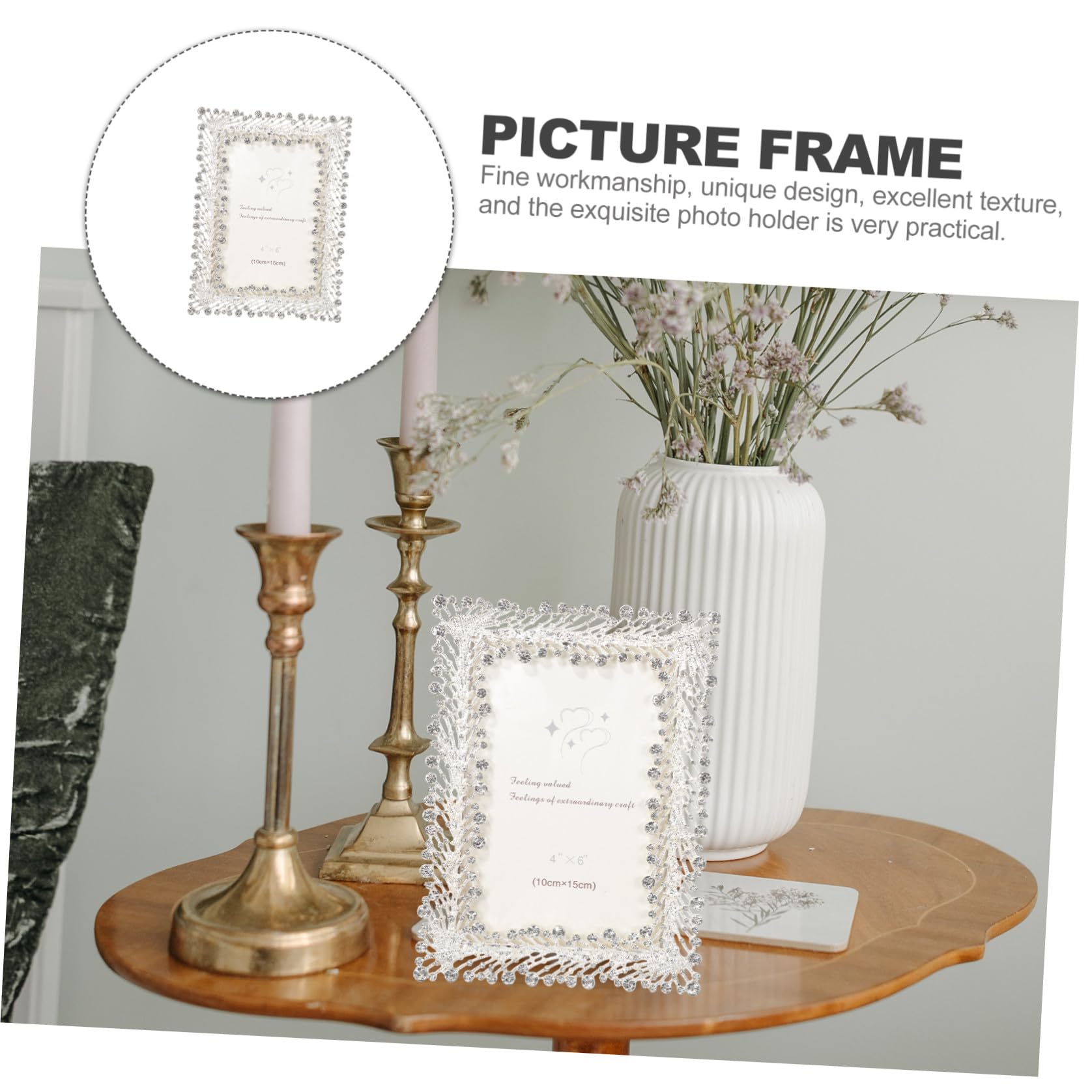 Abaodam Dekorativer Fotorahmen aus Zinklegierung und Glas mit Strass | Tischdeko für Büro und Schlafzimmer, Einzigartiges Design, Chic und Elegant