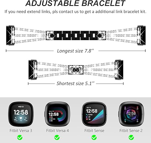Miniatura 5 de Fullife Compatible con Fitbit Versa 3Fitbit Versa 4 con diamantes de cristal, correa de acero para Fitbit SenseFitbit Sense 2 para mujer, color negro