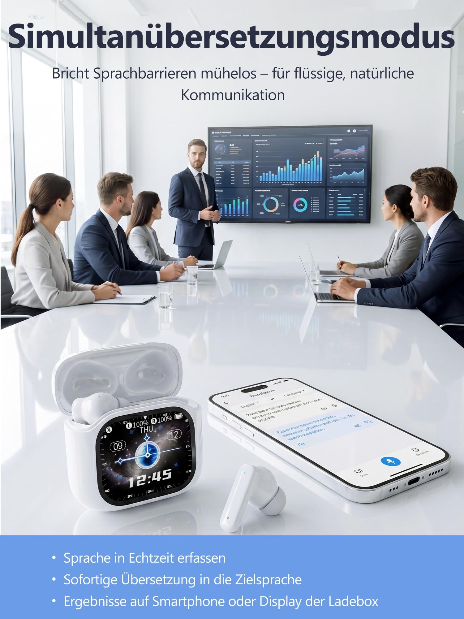 KI Übersetzer Kopfhörer Echtzeit Sprachübersetzer 4-in-1 mit LCD-Touchscreen & App 156 Sprachen 7 Modi Bluetooth 5.4 60H