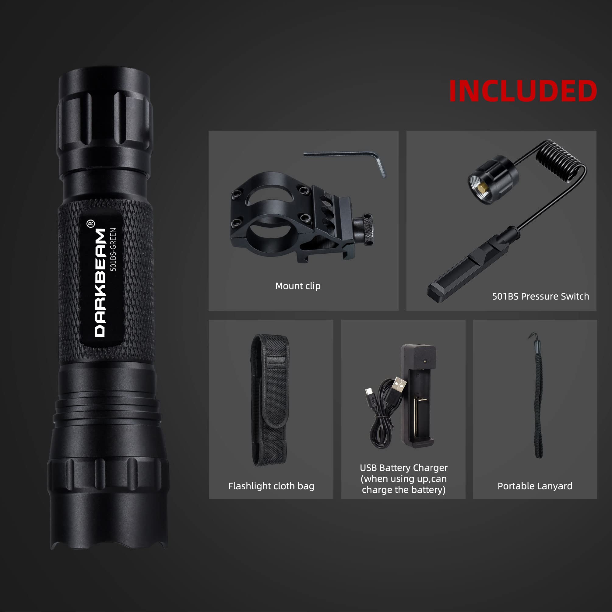 DARKBEAM lampe torche verte Puissante, 501BS Lampe de Poche à lumière Rouge LED Rechargeable, Portable étanche, mise au point rétractable pour la pêche, la Chasse, l'astrophotographie, avec pile &clip