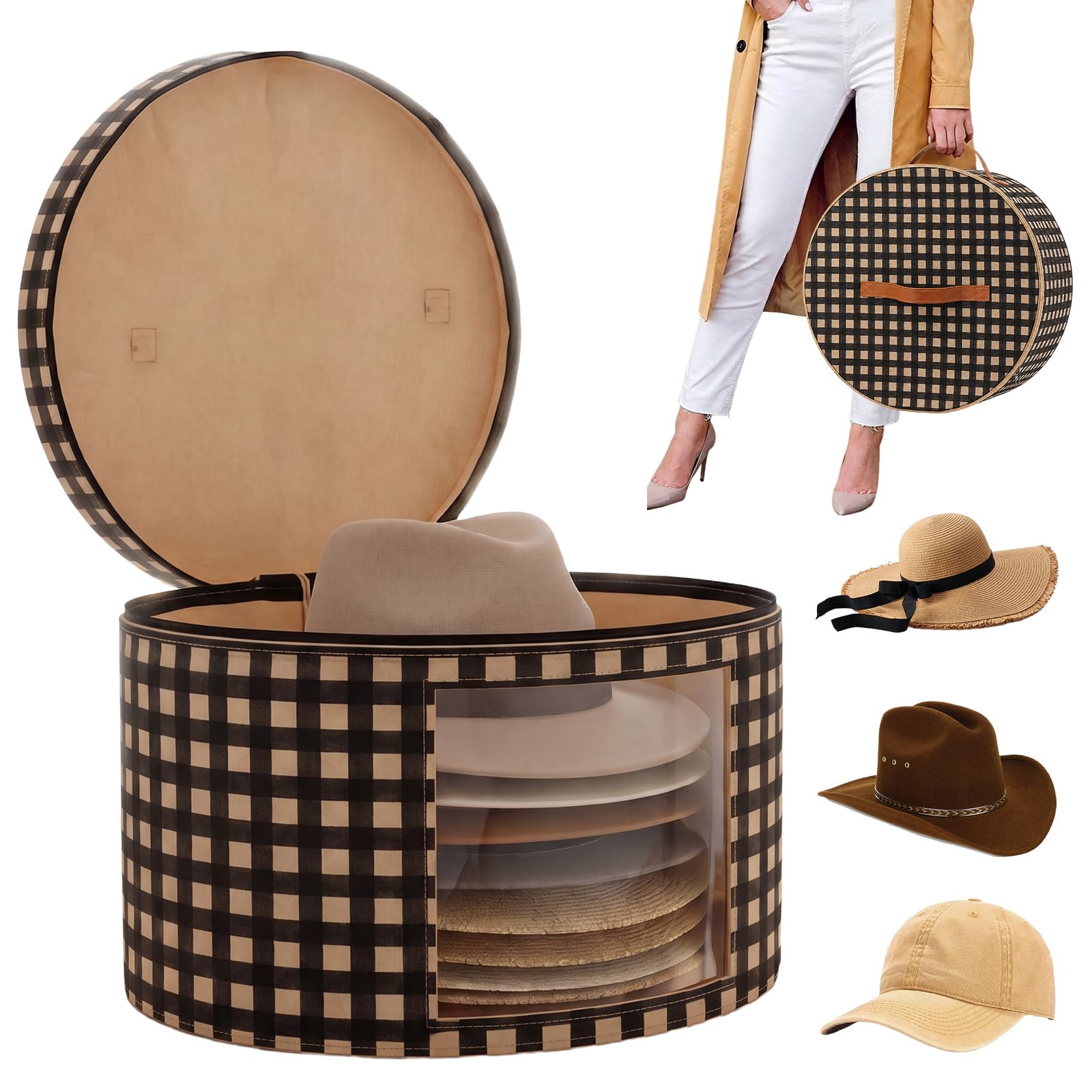 Hat Box with Lid, 42x42x25cm Large Round Felt Hat Storage Box(Black)