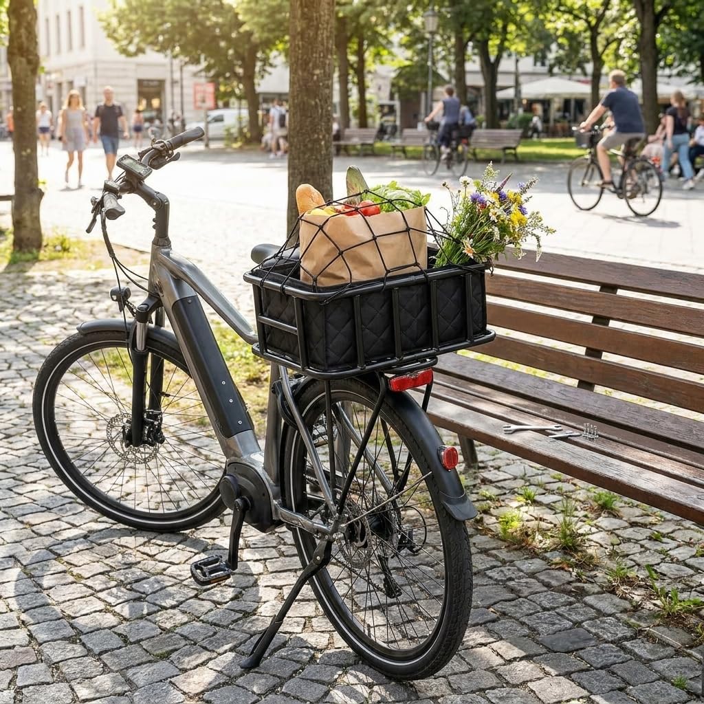 QWORK® Cesto Bicicleta Trasero, Gran cesto Metal con Red de Carga y Forro, para la mayoría de Bicicletas y Bicicletas eléctricas