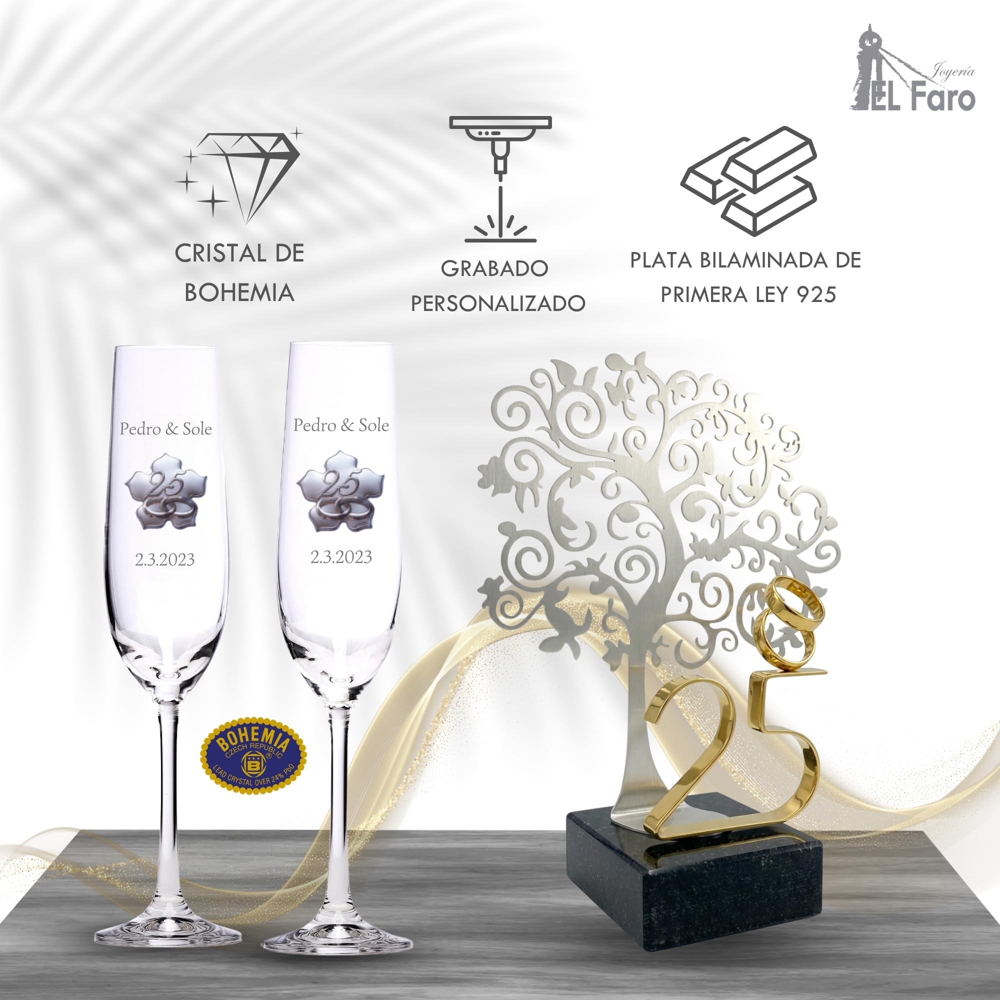 JOYERIA EL FARO Regalos de Boda 25 Aniversario Bodas de Plata | Pack con 8 globos gratis, Grabado personalizado, Presentación en estuche premium