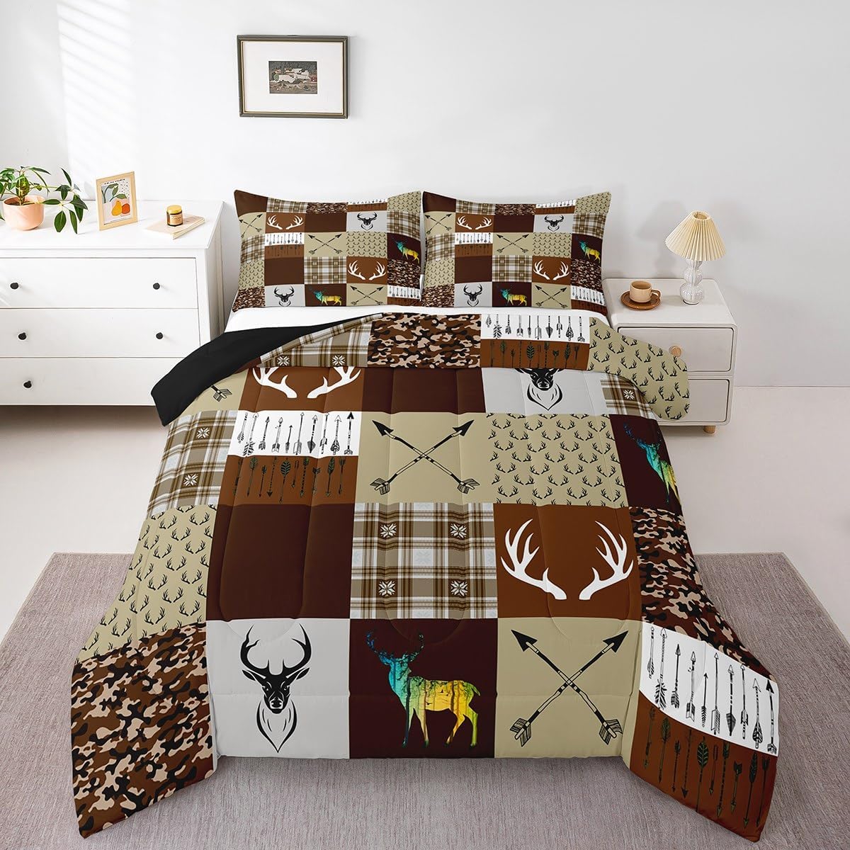 Erosebridal Deer Hunting Camo Twin Bedding Set,Rustic Cabin Deer Comforter Set for Kids Boys Girls,Brown Khaki Buffalo Plaid Decor Quilt Bed Set,Arrow Tribal Antler Bedding Comforter Sets 2 Piece