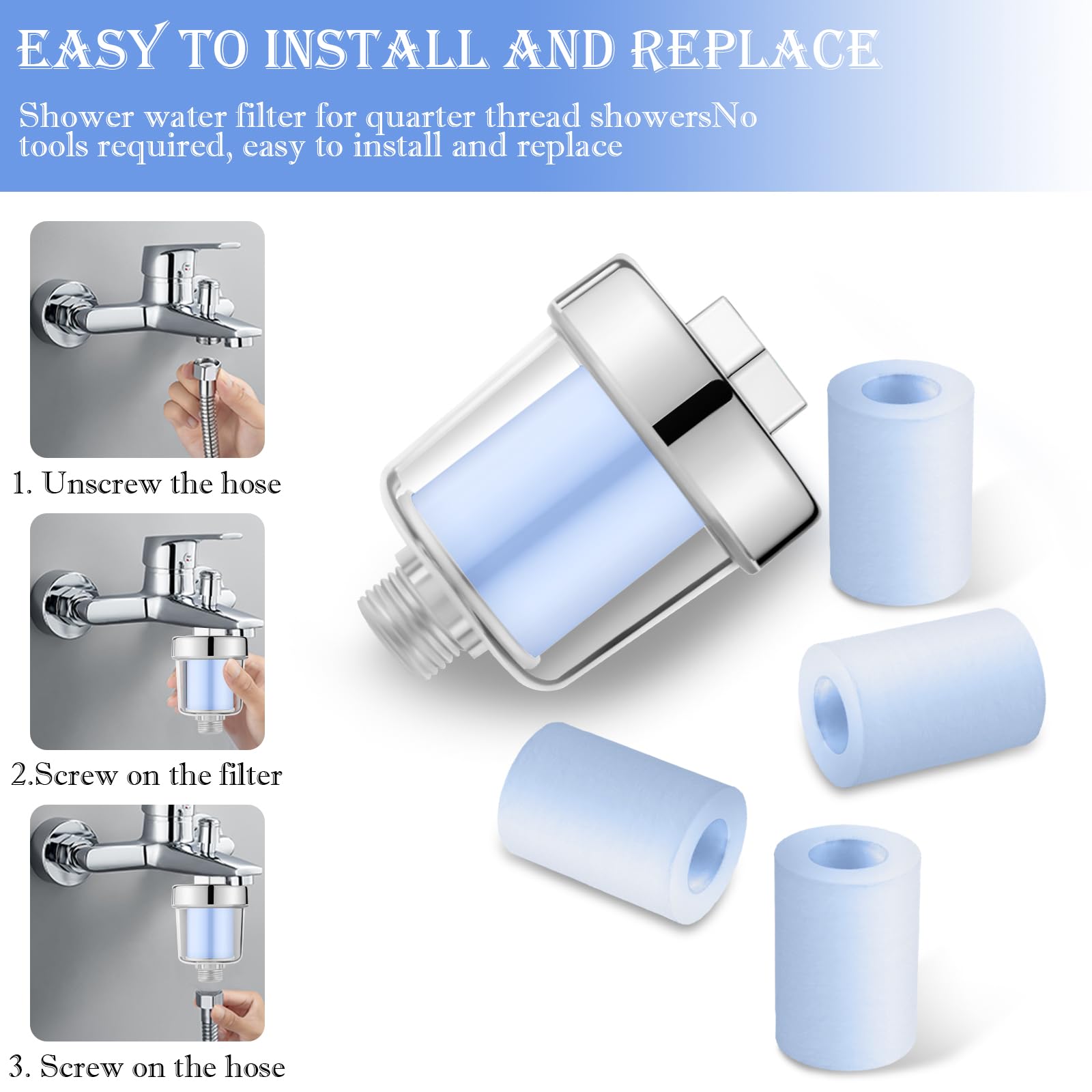 Filtro Doccia Universale, RUNEAY Filtro Anticalcare Doccia con 1 Nastro in Teflon e 6 Cartucce Filtranti, Universale Filtro Anticalcare Doccia, Filtro acqua Doccia, Filtro per Doccia o Rubinetti