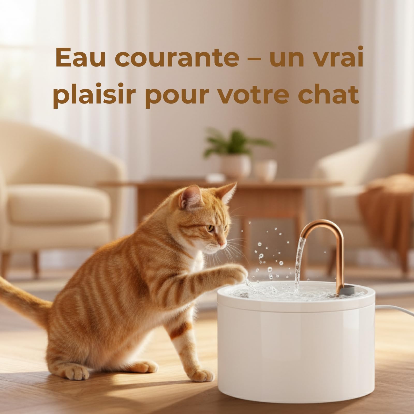 Fontaine à Eau Chat en céramique, capacité 2,1 L avec Bec en cuivre, Fontaine à Eau pour Chat silencieuse et hygiénique, Design élégant et Facile à Nettoyer, Blanc