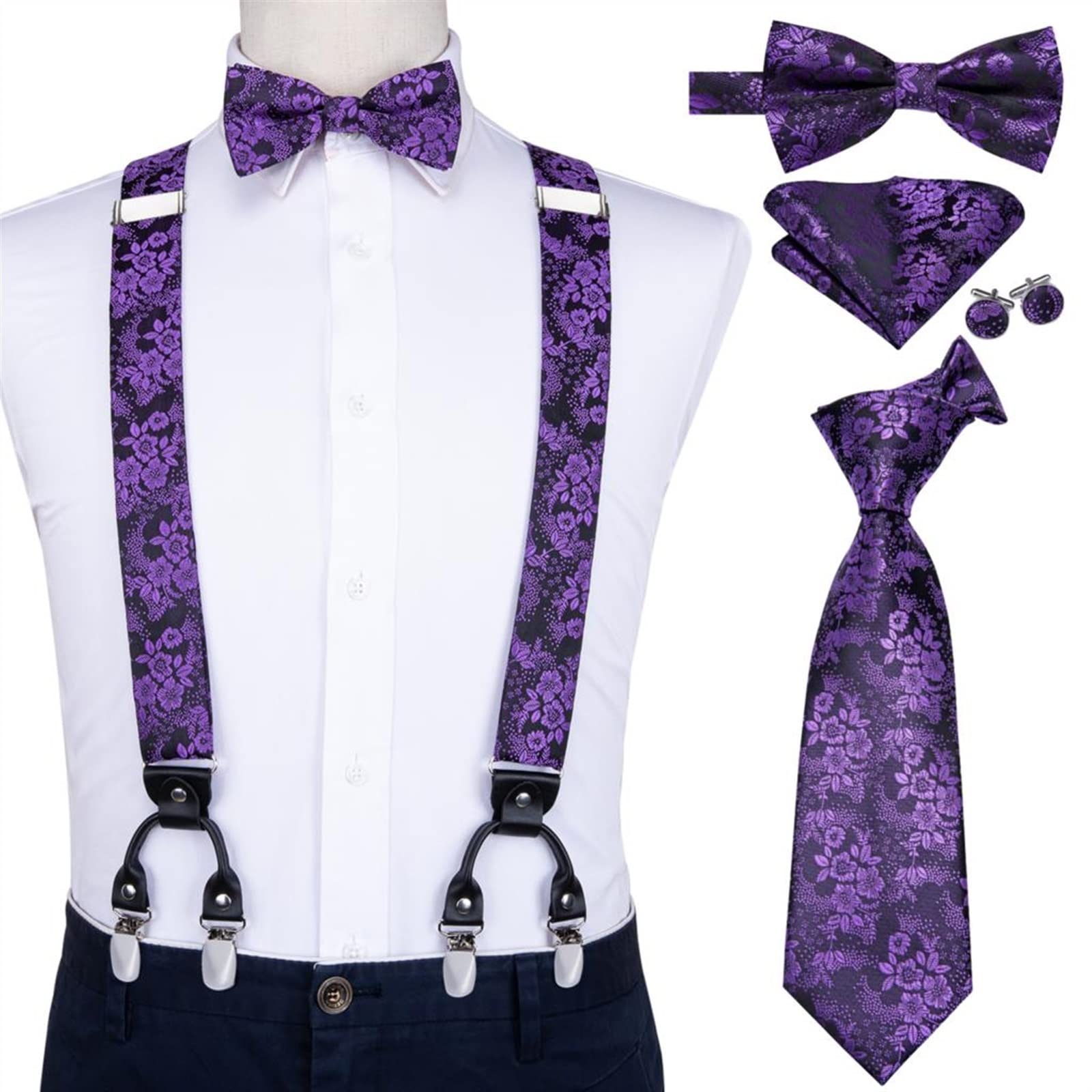Ensemble de bretelles en soie pour homme et adulte - 6 clips - Style vintage - Doré - Motif floral - Nœud papillon