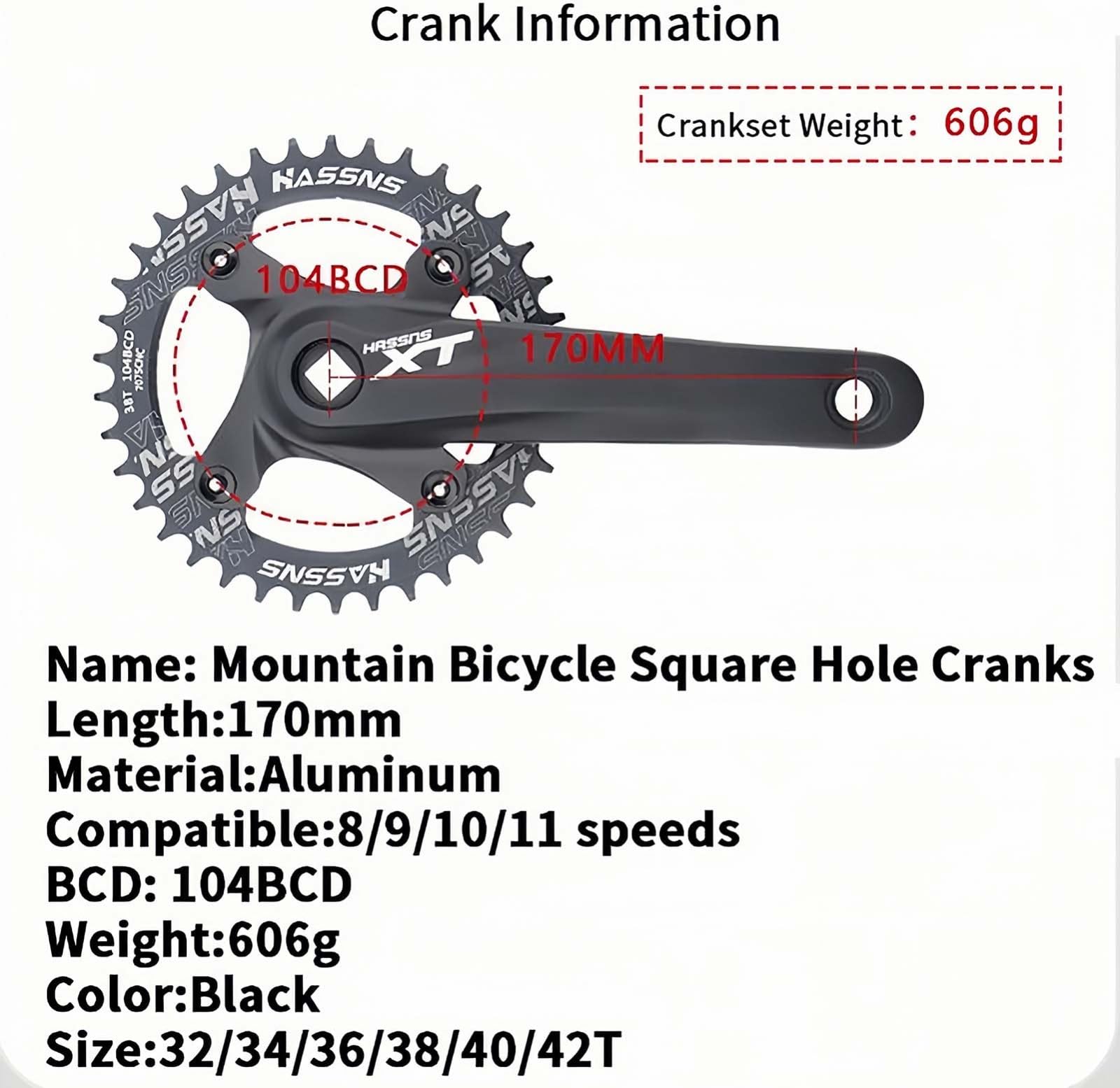 Platos Y Bielas Bike Square Taper 170Mm 104BCD 32/34/36/38/40/42T Plato Monoplato Platos Y Bielas Mountain Bike para 7/8/9/10/11 Velocidad