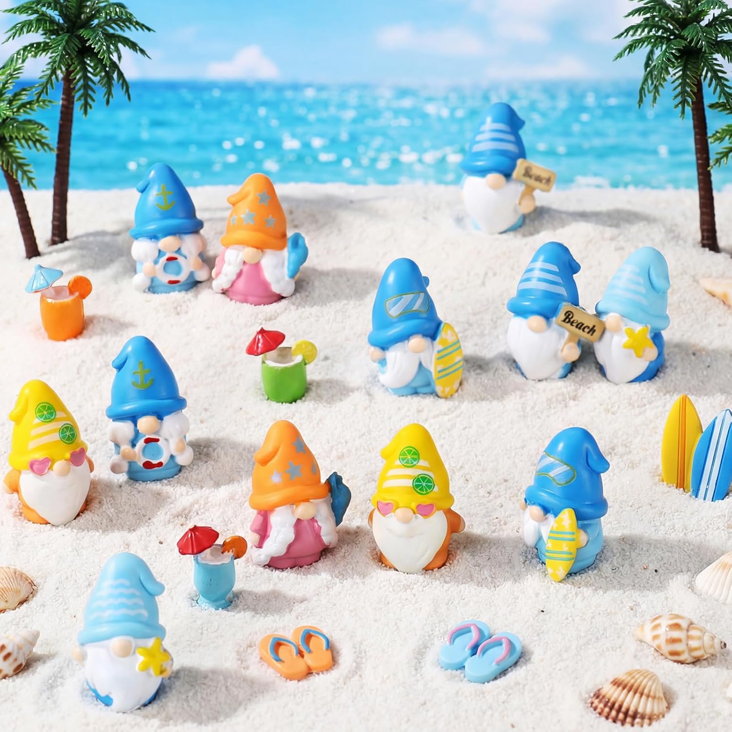 Geelin 90 Pcs Summer Mini Gnomes Figurine Bulk Miniature Gnome Tiny Resin Statues Gnomes Figures for Ocean Themed Party Indoor Outdoor Fairy Garden Plant Pots Decor