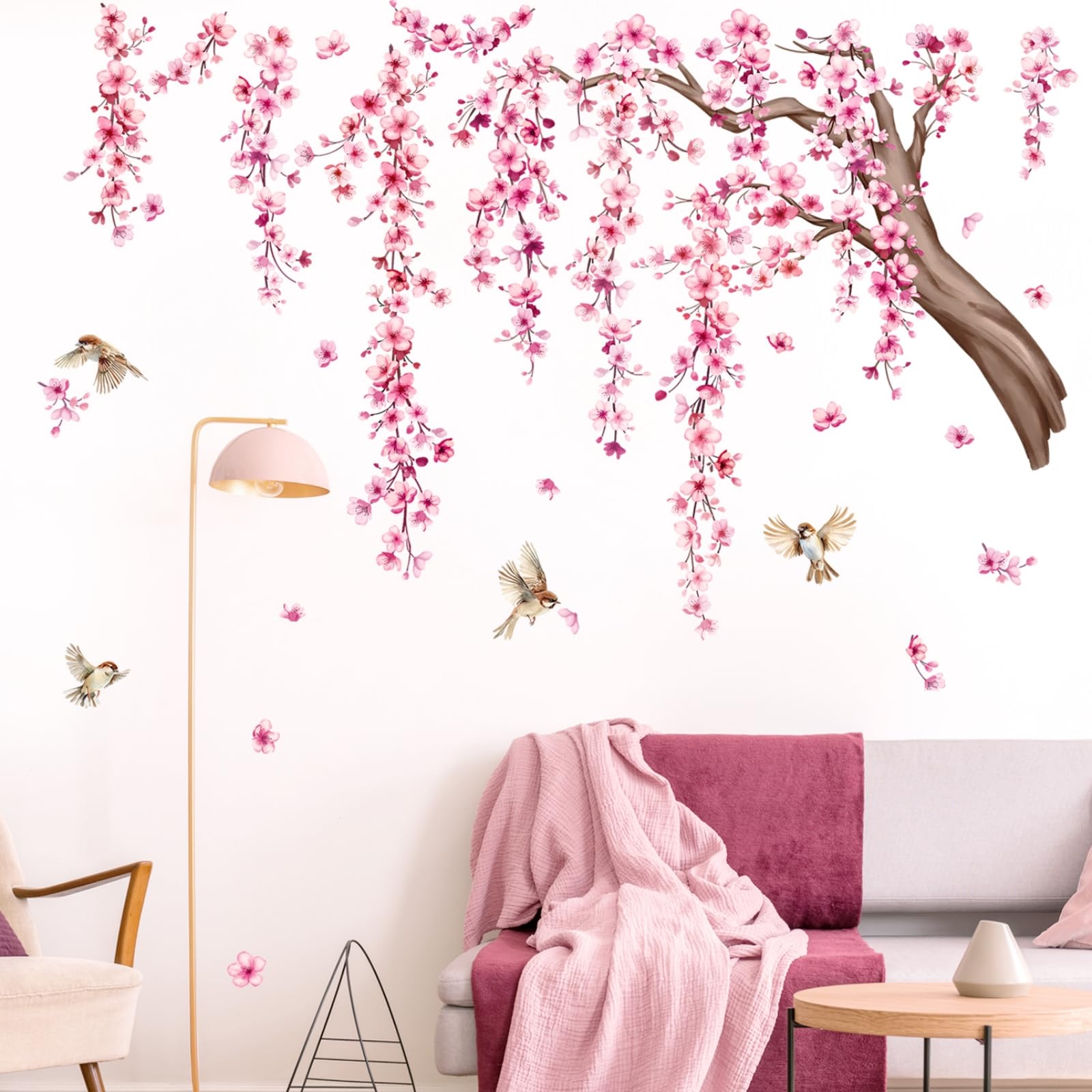 Tanlaby Cherry Blossom Tree Wall Stickers Pink Flowers Branch Wall Decals Peel and Stick Birds Art Decor for Living Room Bedroom Sofa TV Backdrop