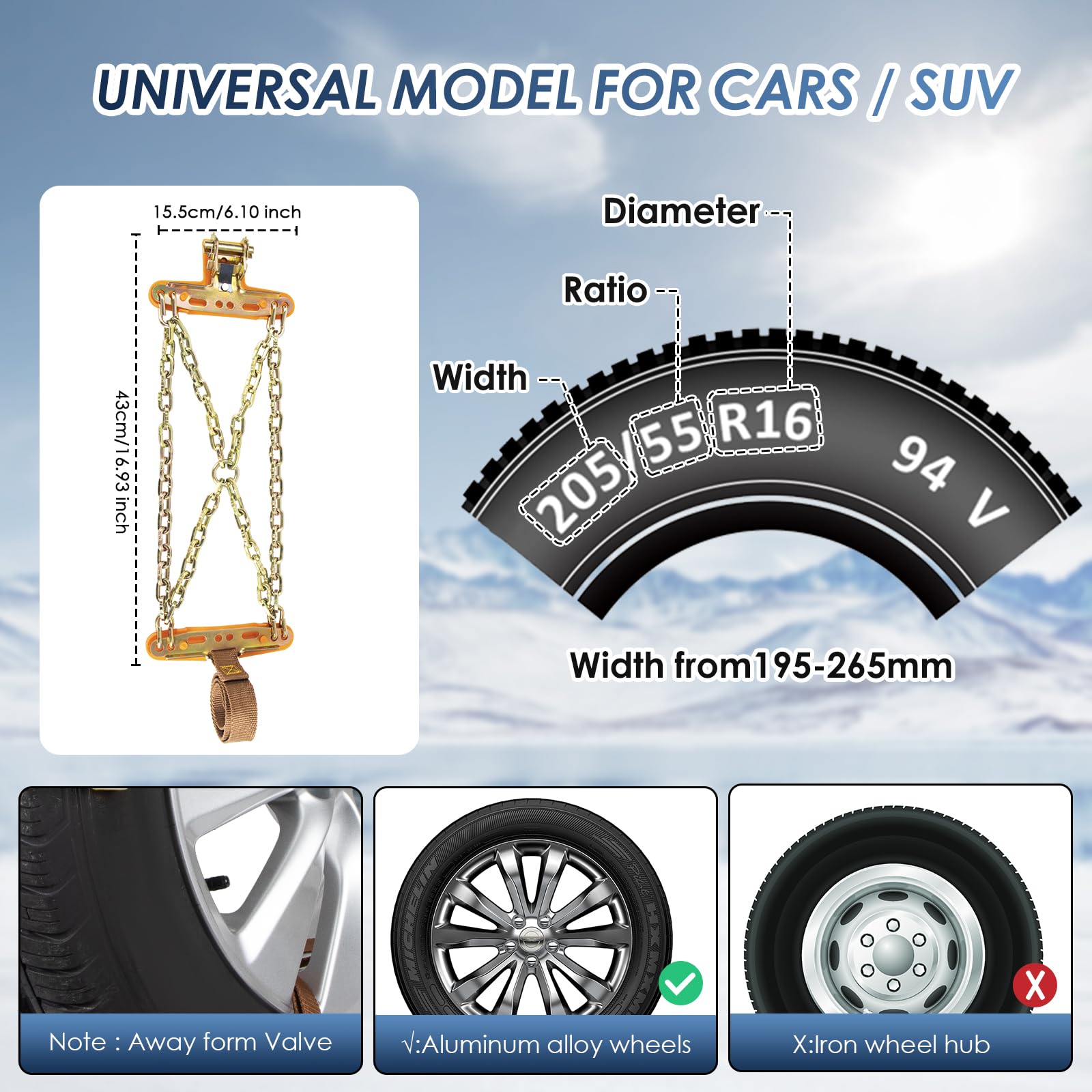 Ninonly Cadenas Coche 6Piezas Cadenas Nieve Universales Emergencia Antideslizantes para Vehículos Coches Furgonetas SUV Ancho 195-265 mm Para Barro, Arena, Nieve, Hielo