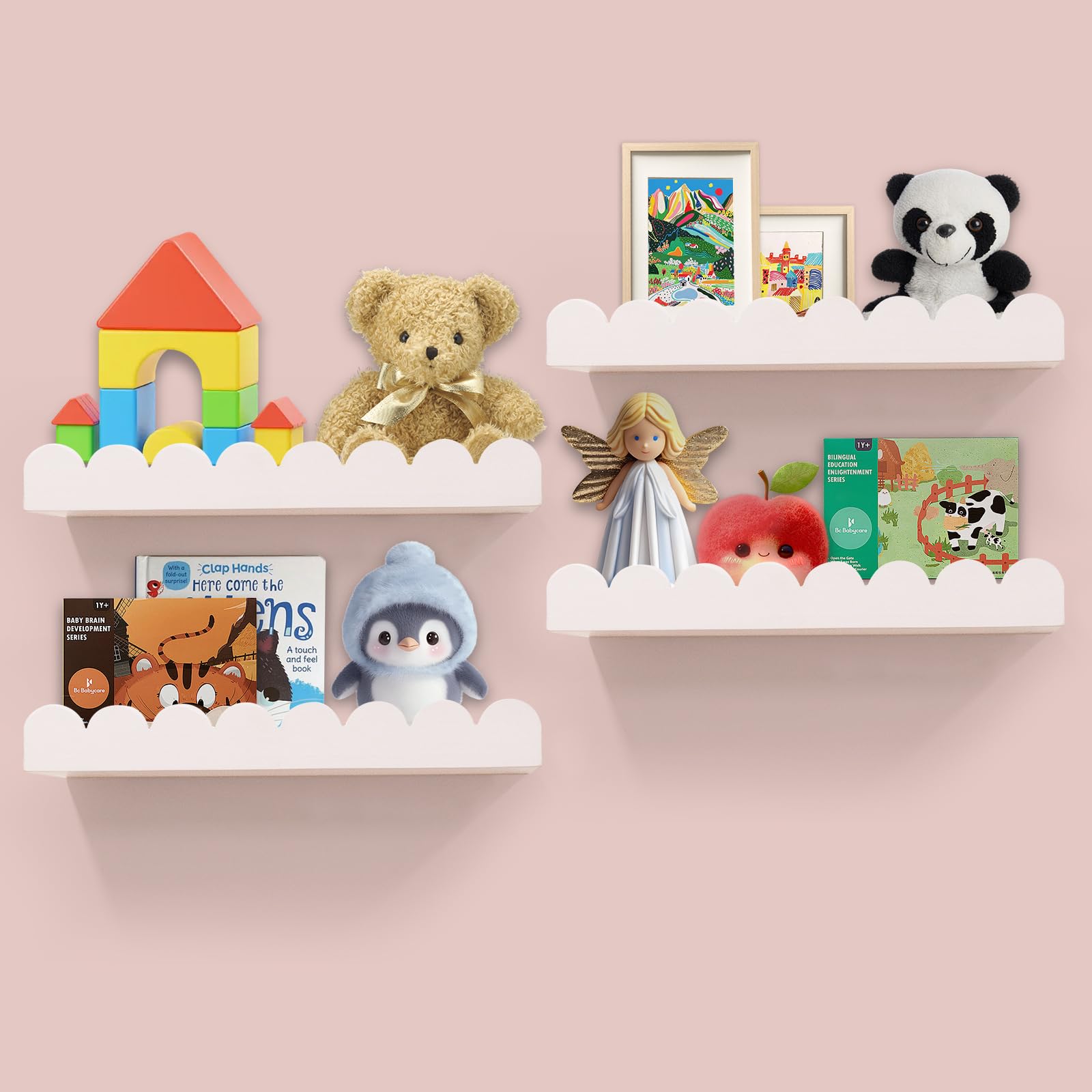 Floating Nursery Book Shelves for Wall Set of 4, 16'' Wood Book Shelf for Baby Boys Girls Bedroom Bathroom and Décor Storage, Wall Shelf for Books,