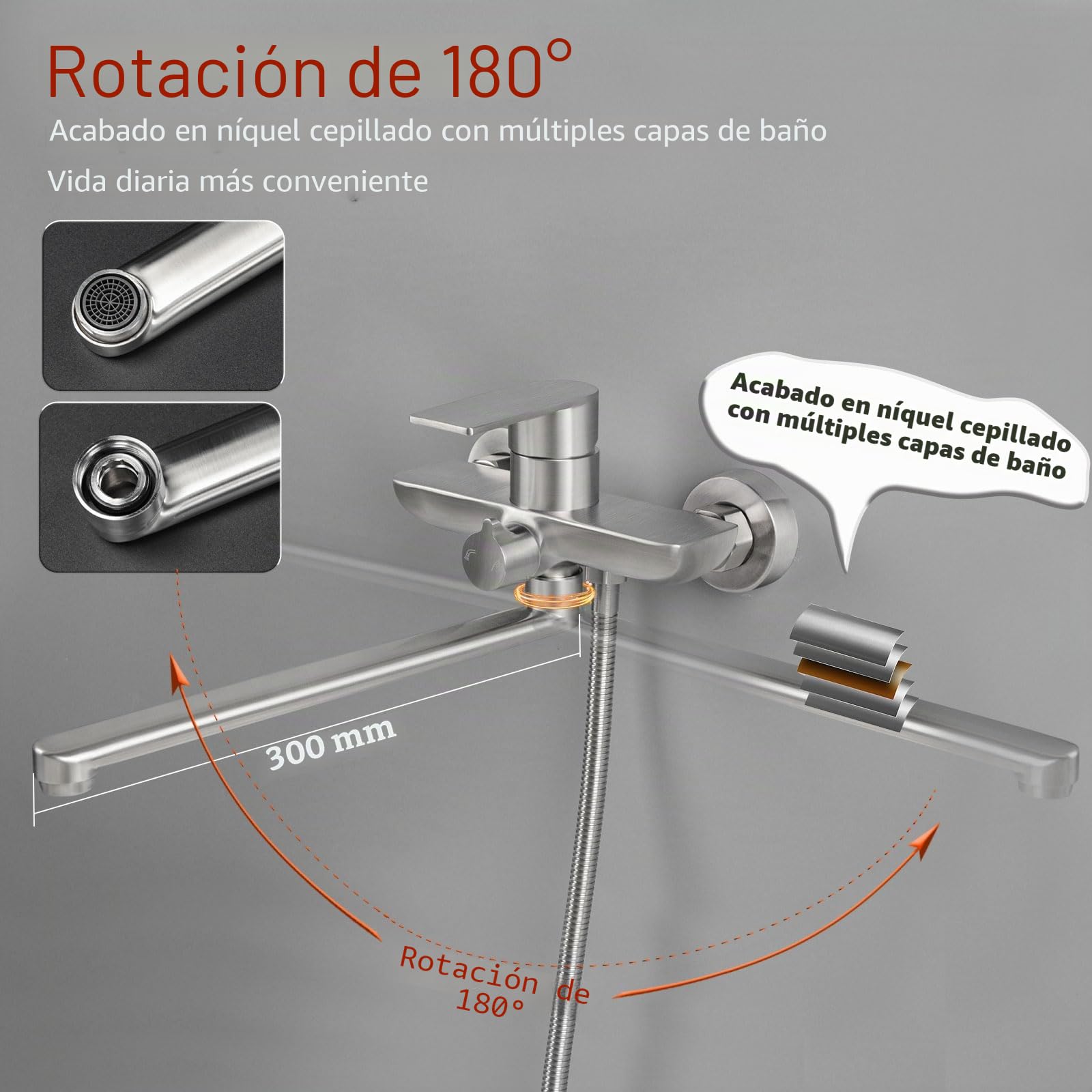Grifo de Bañera con Ducha, Grifo de Bañera Caño Largo 30cm, Mezclador Ducha Montado en La Pared, Acero Inoxidable Cepillado, 8Y2OK