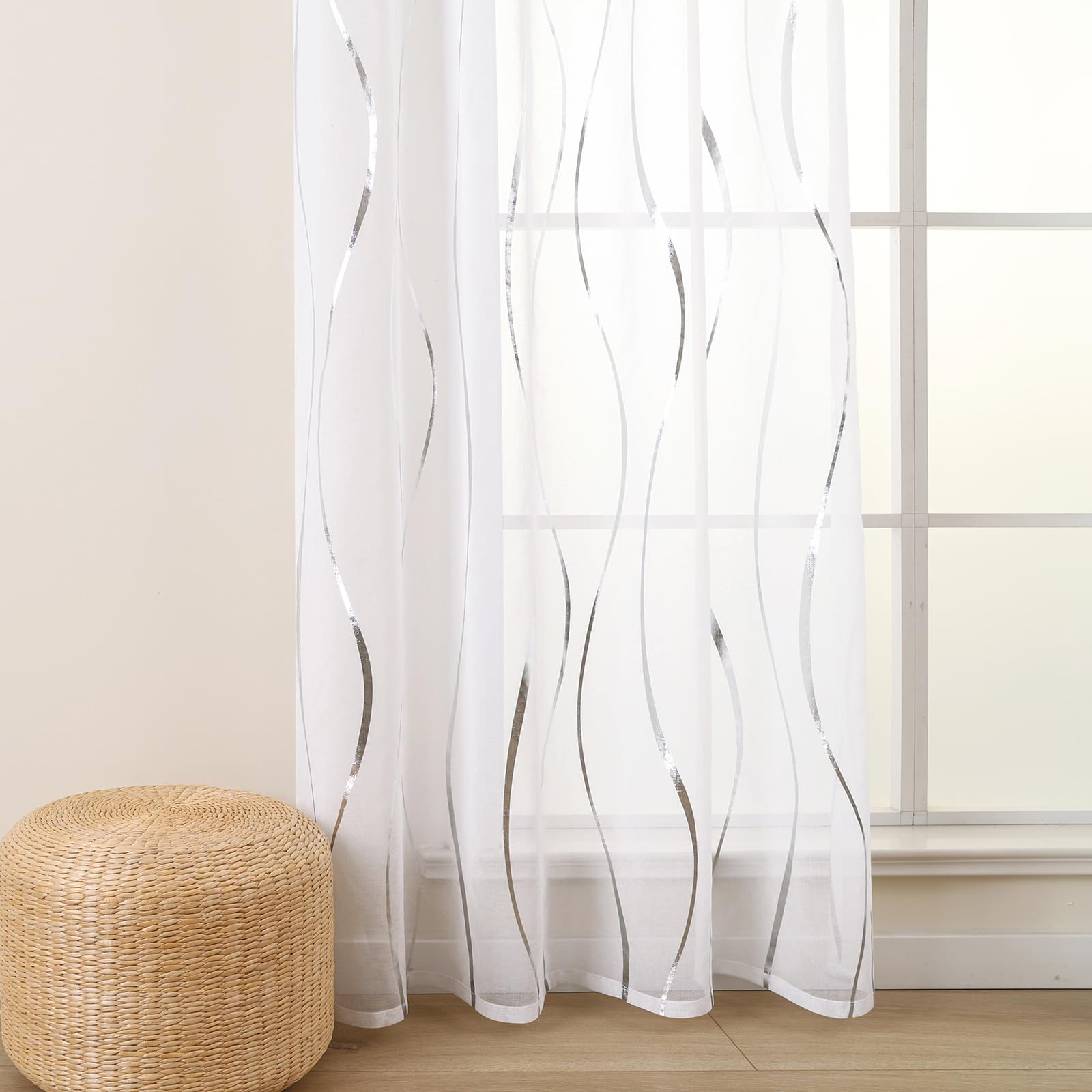L.Z.E Silber Weiß Gardinen Vorhänge, Transparente Wellenmuster Gardine Vorhang für Wohnzimmer Schlafzimmer Arbeitszimmer, 2er Set Dekogardine Schal mit Ösen, 245 cm Lang (LZE2250E-S245)