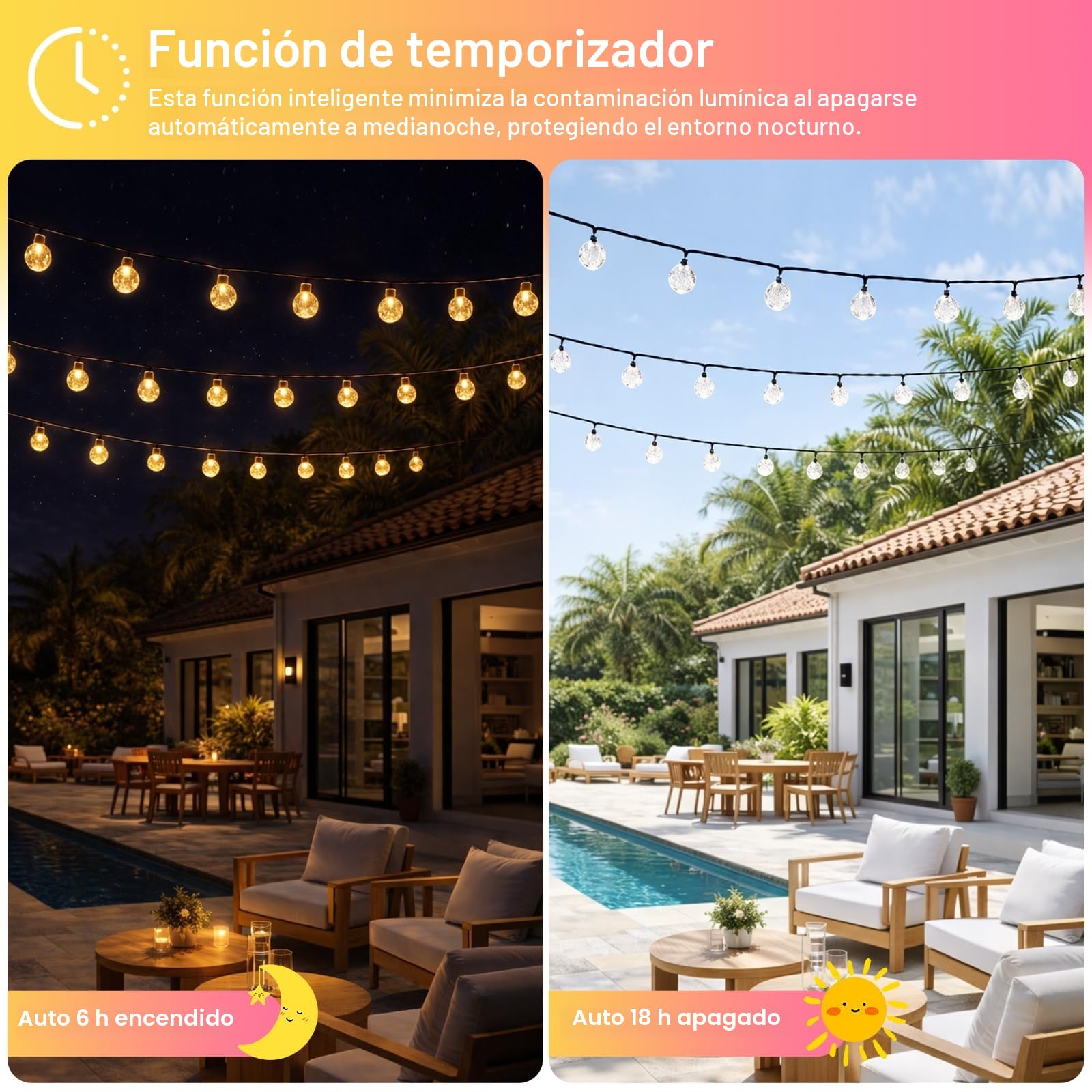 AGOTD Cadena de luces solares para exteriores, 40 LED, cadena de luces solar con temporizador, IP65, 8 modos, bolas de cristal, resistente al agua, para jardín, balcón, terraza, Navidad, bodas