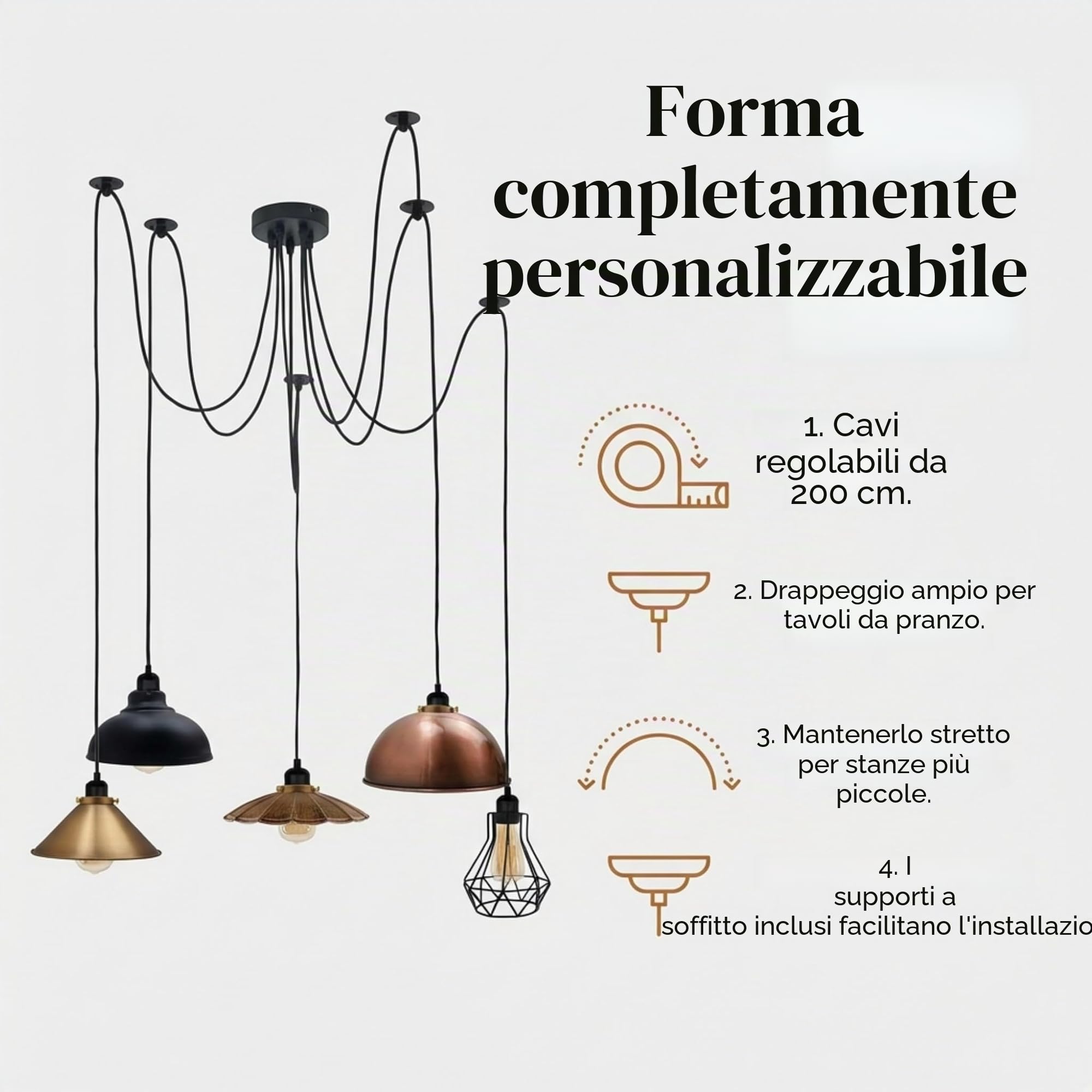 LEDSone Lampadario a sospensione industriale a 5 luci con attacco E27, paralume multiplo, fai da te, lampadario a soffitto Sputnik, per soppalco, soggiorno, camera da letto, corridoio