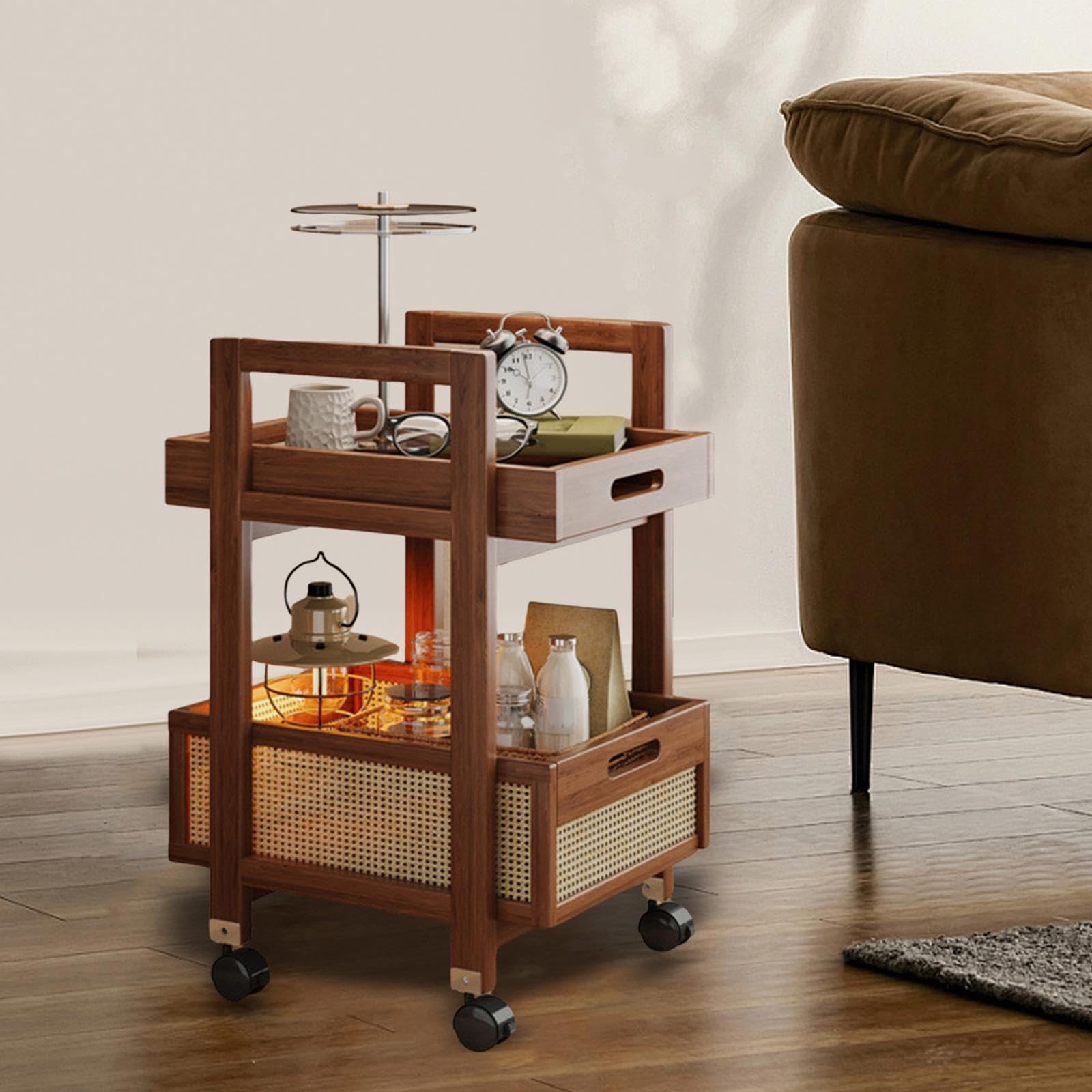 Carrello mobile da tè con design a 2 ripiani, per casa e dormitorio, carrello multiuso in bambù e MDF, con ruote e ruote bloccabili