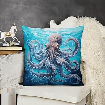 24 "x24 Pillowcase Octopus in Blue Water Velvet Square Decorative Throw Pillow Covers Ink Painting Marine Octopus Squid Sea Animals Pillow Protectors with Zipper Standard Size for Sofa