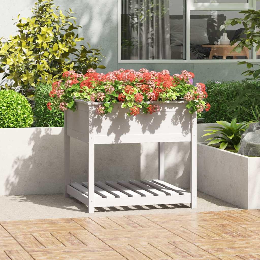 Pflanzkübel Weiß 82,5x82,5x81 cm aus massivem Kiefernholz, Blumentopf groß mit Ablage, ergonomisches Hochbeet für Balkon, Terrasse und Garten