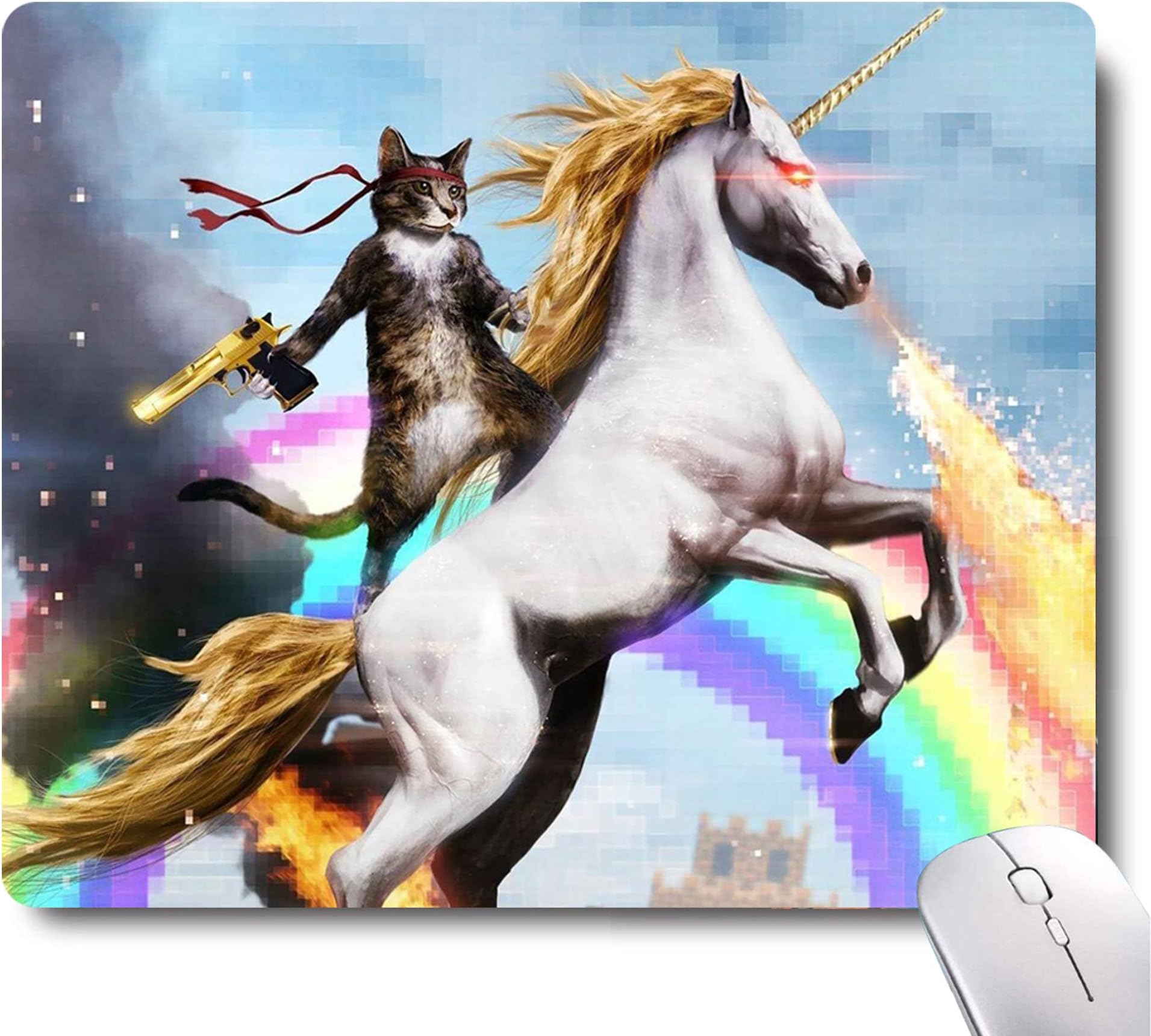 MP Personalized Custom Unique Desgin Cool Cute Cat Valiant Brave Cat Like Rambo First Blood Mounted on a Unicorn Horse with Gun Computer Gaming Mouse Pad