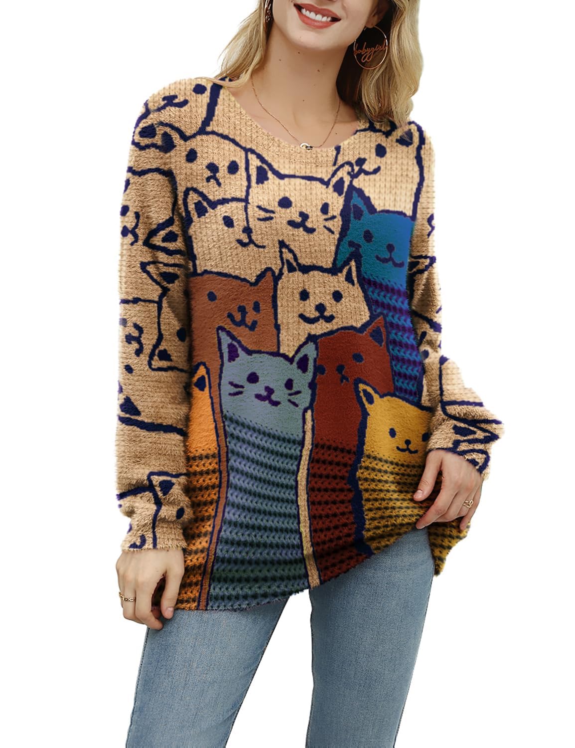 YESNO Women Christmas Sweater Graphic Printed Oversized Pullover Sweaters Casual Loose Knit Tops S01
