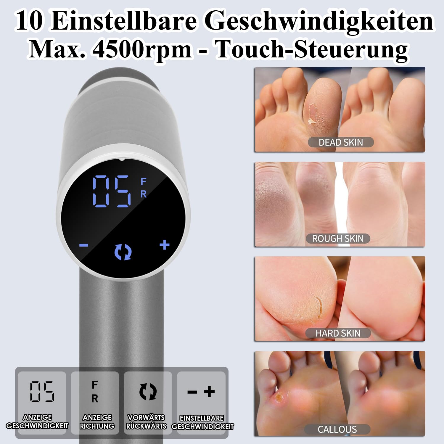 Elektrischer Hornhautentferner 4500rpm Einstellbare Geschwindigkeit Professionell Hornhautentferner Elektrisch Hornhaut Entfernen Pediküre Elektrische Fußfeile, Grau FCR-3
