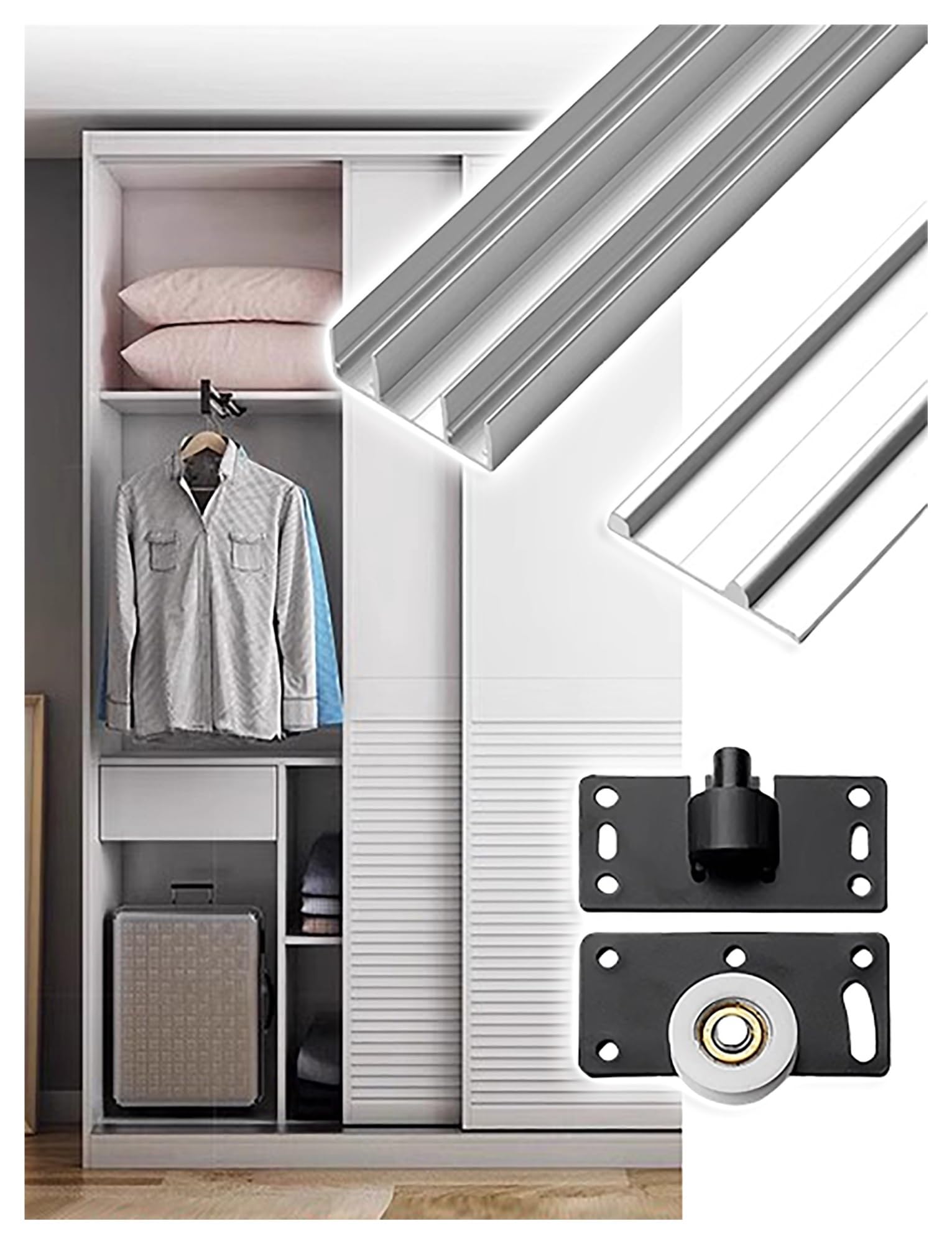 NURUGURE Triple Rail Sliding Door Track Kit for 15-24mm Wardrobe Panels Aluminium Closet Runner with Rollers