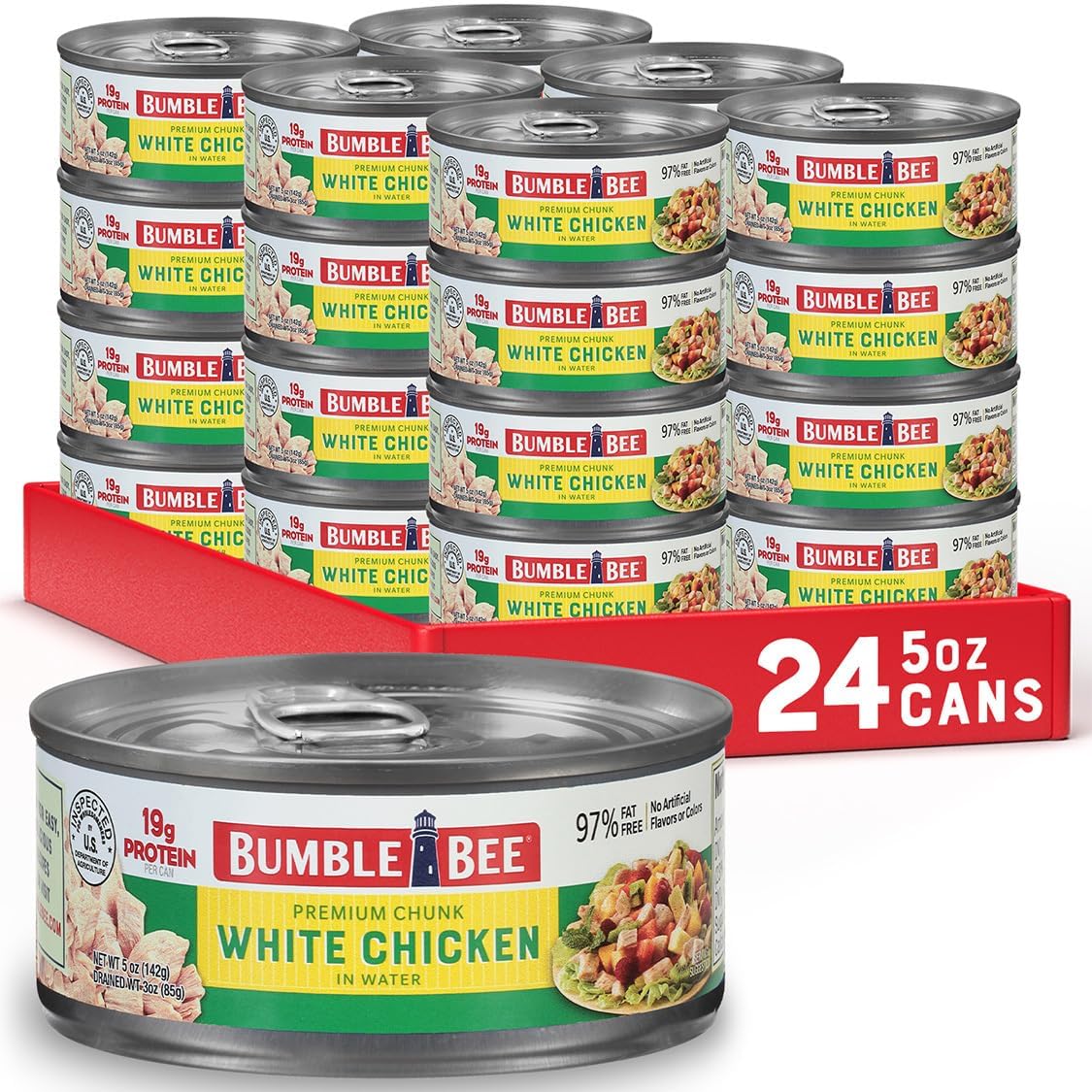 - Bumble Bee Premium White Chicken Breast with Rib Meat in Water - 13g Protein per Serving - Gluten Free, Keto Friendly Canned Chicken - 5 oz (Pack of 24)