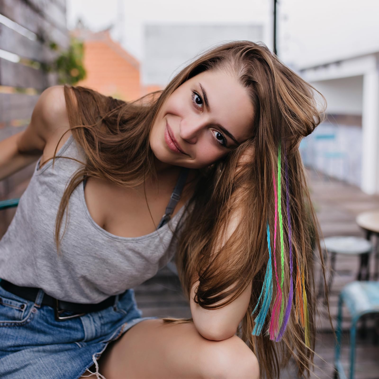 Paquete de 36 extensiones de cabello de colores para niñas, con clip, 13.0 in de longitud, rosa, azul, morado, naranja, verde, amarillo, trenzado y recto 6