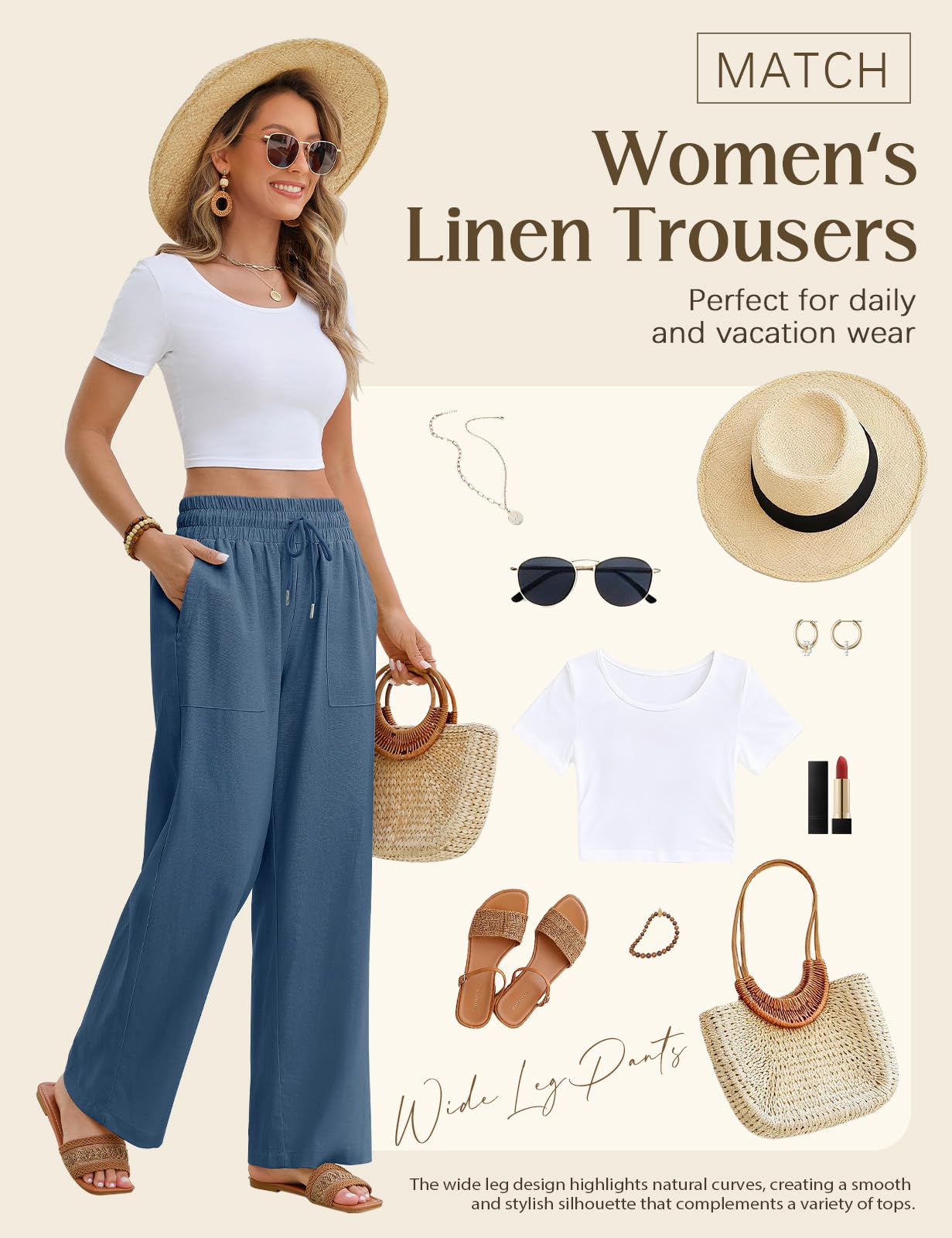 Pantaloni Lino Donna Estivi Pantaloni Larghi Leggeri Comodi Vita Alta Pantaloni Solido Sciolto Gamba Larga con Tasche