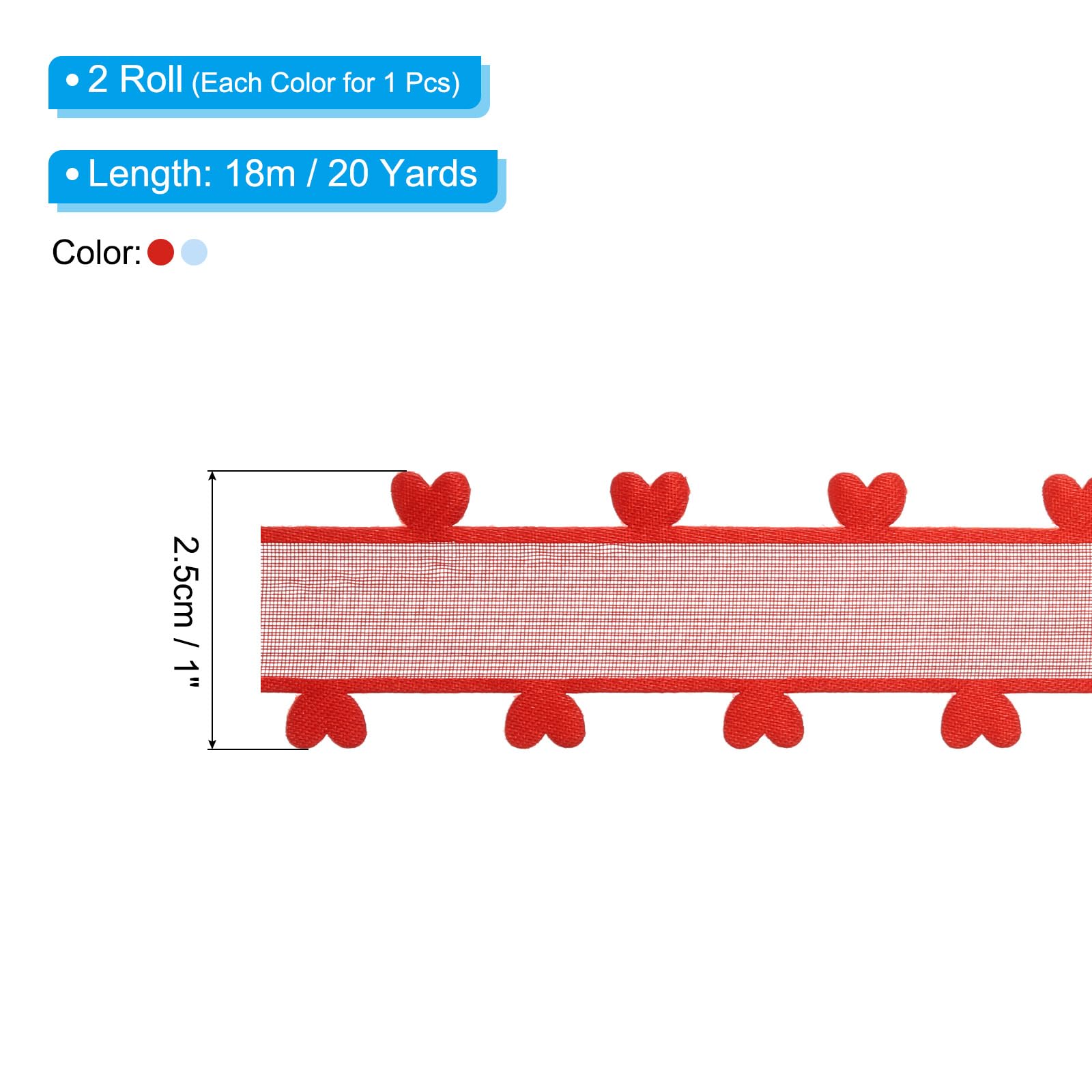 PATIKIL 1 Inch x 20 Yard Organza Chiffon Ribbon Set, Sheer Heart Decorative Ribbon for Valentine's Day Gift Wrapping Wreath Bow Craft DIY Decoration, Red,Sky Blue - Image 2