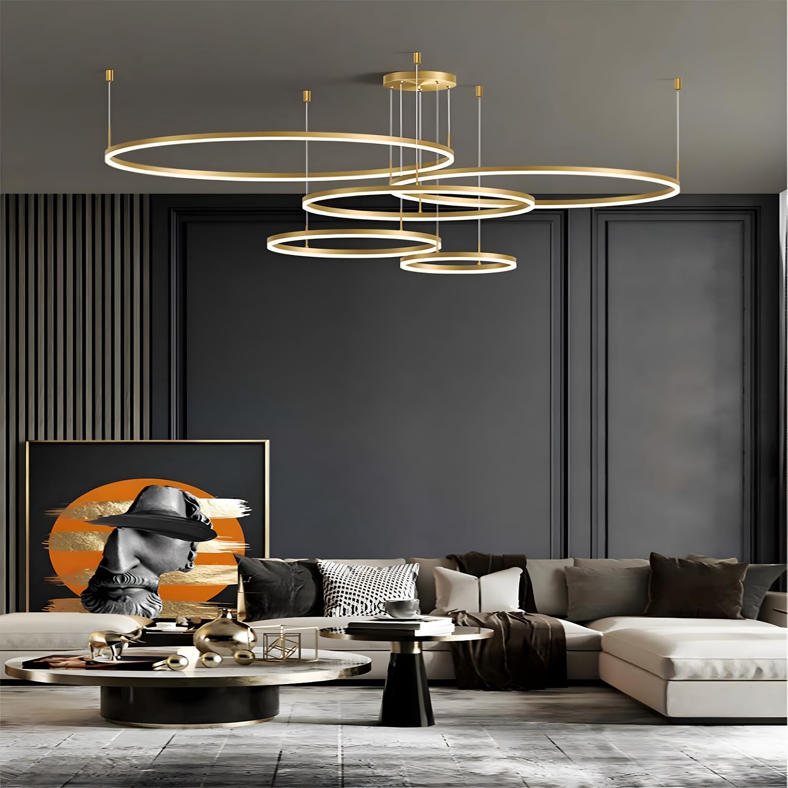 Metall LED Kronleuchter | 5 Kreise 20+40+60+80+100cm | 130W Rings Deckenhängelampe, Dimmbare Fernbedienung 3000–6000K, Acryl Schirm Pendelleuchte, Wohnzimmer Schlafzimmer Esszimmer【Gold】
