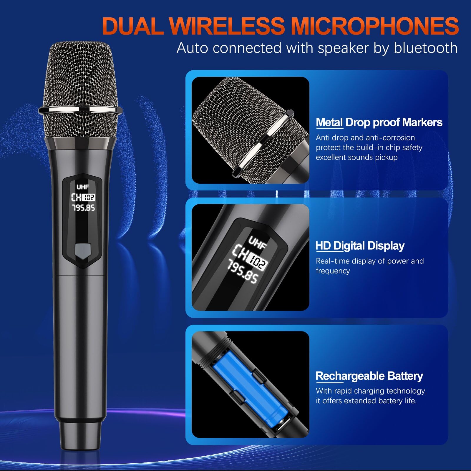 Karaoke-Maschine mit 2 Mikrofonen für Erwachsene Kinder, Bluetooth-Caraoke-Lautsprecher mit Bass/Höhenverstellung, PA-System mit Fernbedienung/LED-Lichter, unterstützt Rec/USB/AUX (dunkelschwarz)