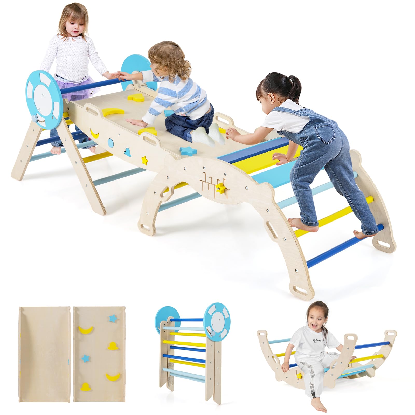 COSTWAY Toddler Climbing Frame, Kids Wooden Climber Toys Set with Arch, Reversible Ramp, Indoor Montessori Play Gym for Boys Girls 3 Years Old+ (7 in 1 Nautical-Themed, Macaron)