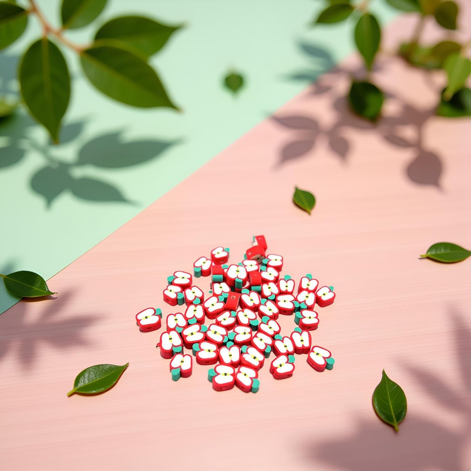 50Pcs Red Apple Handmade Polymer Clay Beads Apple Slice Shape Loose Beads Fruit Theme Spacer Beads for DIY Bracelet Necklace Earring Charm Jewelry Making Hole (1.6mm) - Image 2