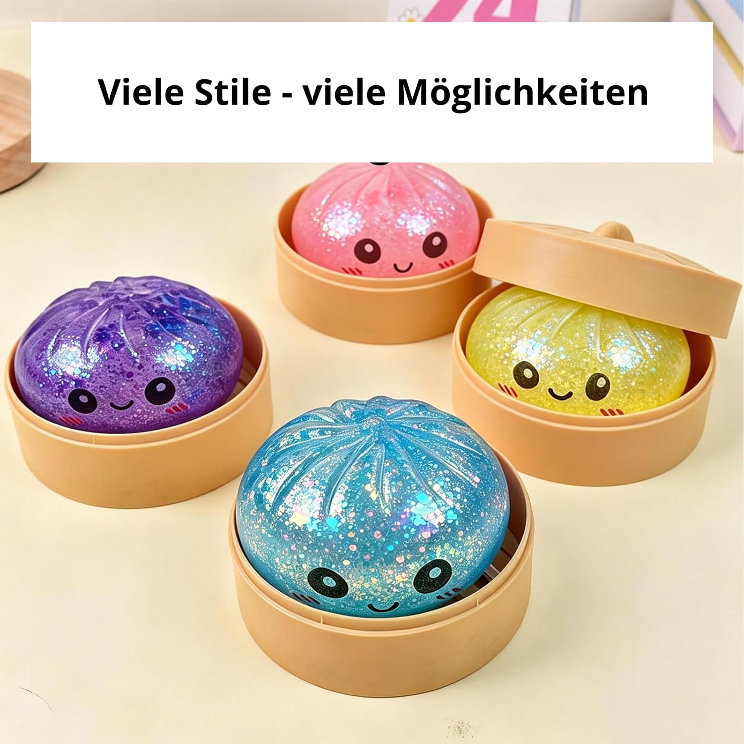 Dumpling Squishy Mystery mit Dampfgarer-Box, 2er, 9,5cm Durchmesser, Anti Stress Spielzeug zum Quetschen, weiches Squeeze Toy, zufällige Variante, Geschenkidee für Kinder und Erwachsene (2) - 3