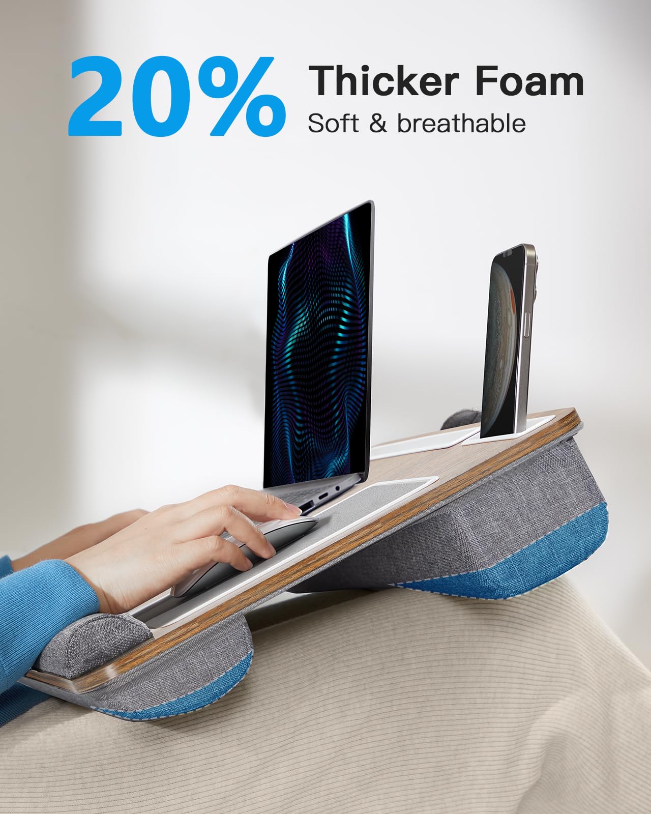 HUANUO Lap Desk - Fits up to 17 inches Laptop, Built in Wrist Pad for Notebook, Tablet, Laptop Stand with Tablet, Pen & Phone Holder (Dark Brown Woodgrain)