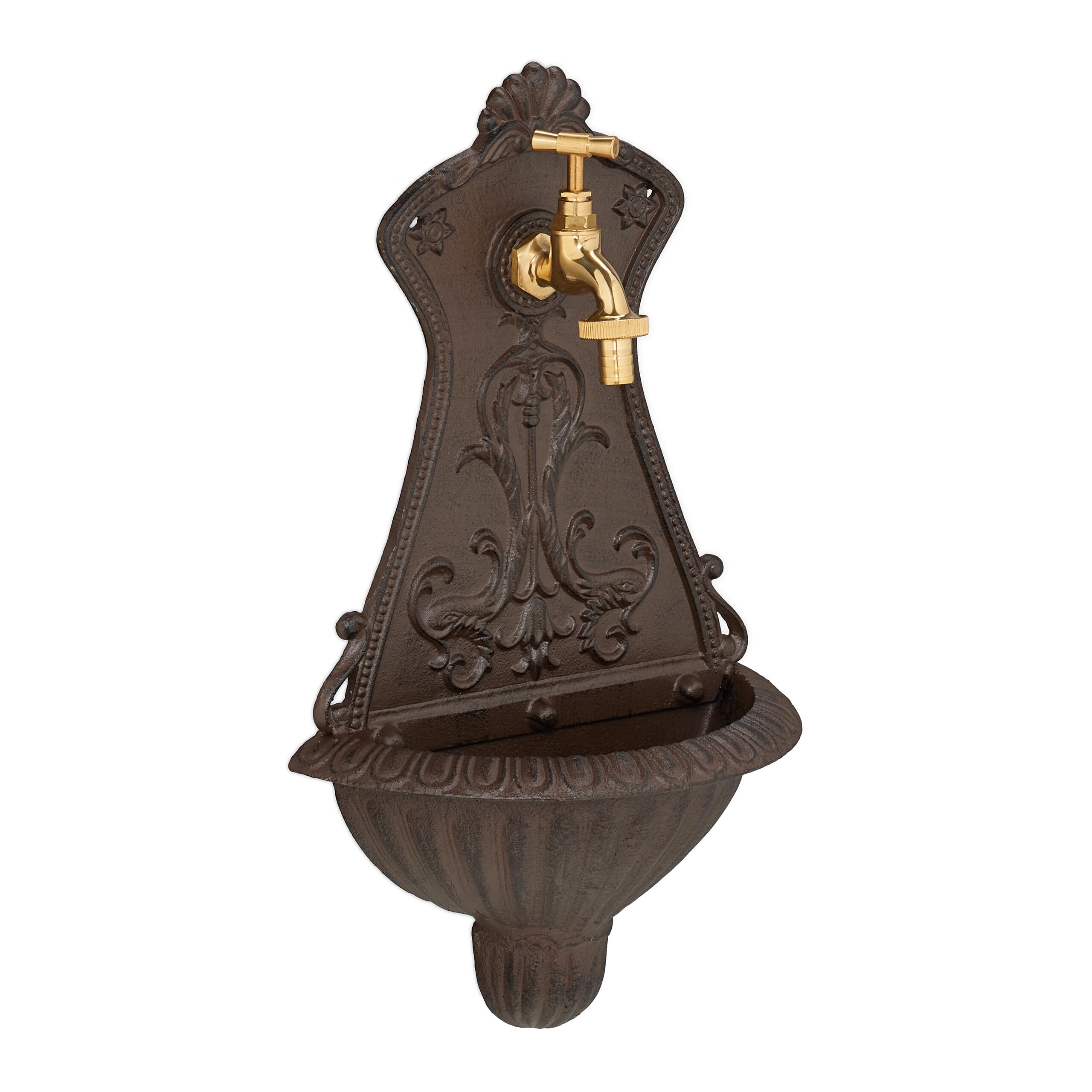 Relaxdays Wall Fountain, Antique Design, Basin & Tap, Water, for Garden & Patio, 42 x 24.5 x 11.5 cm, Cast Iron, Brown