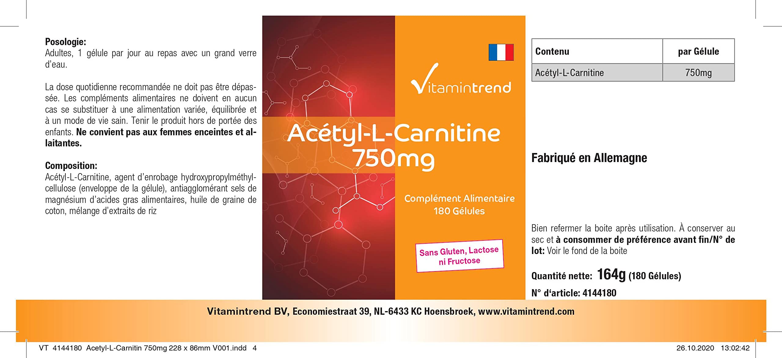 Vitamintrend Acetil-L-Carnitina 750 mg, 180 capsule, ad alto dosaggio, integratore alimentare vegano senza stearato di magnesio, prodotto in Germania