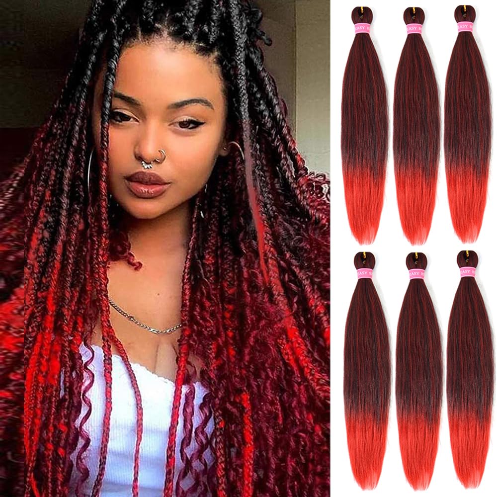 MSBELLE Red Braiding Hair Pre Stretched,26 Inch 6 Pack Prestretched Ombre Braiding Hair Extensions for Women Synthetic Soft Yaki Texture Crochet