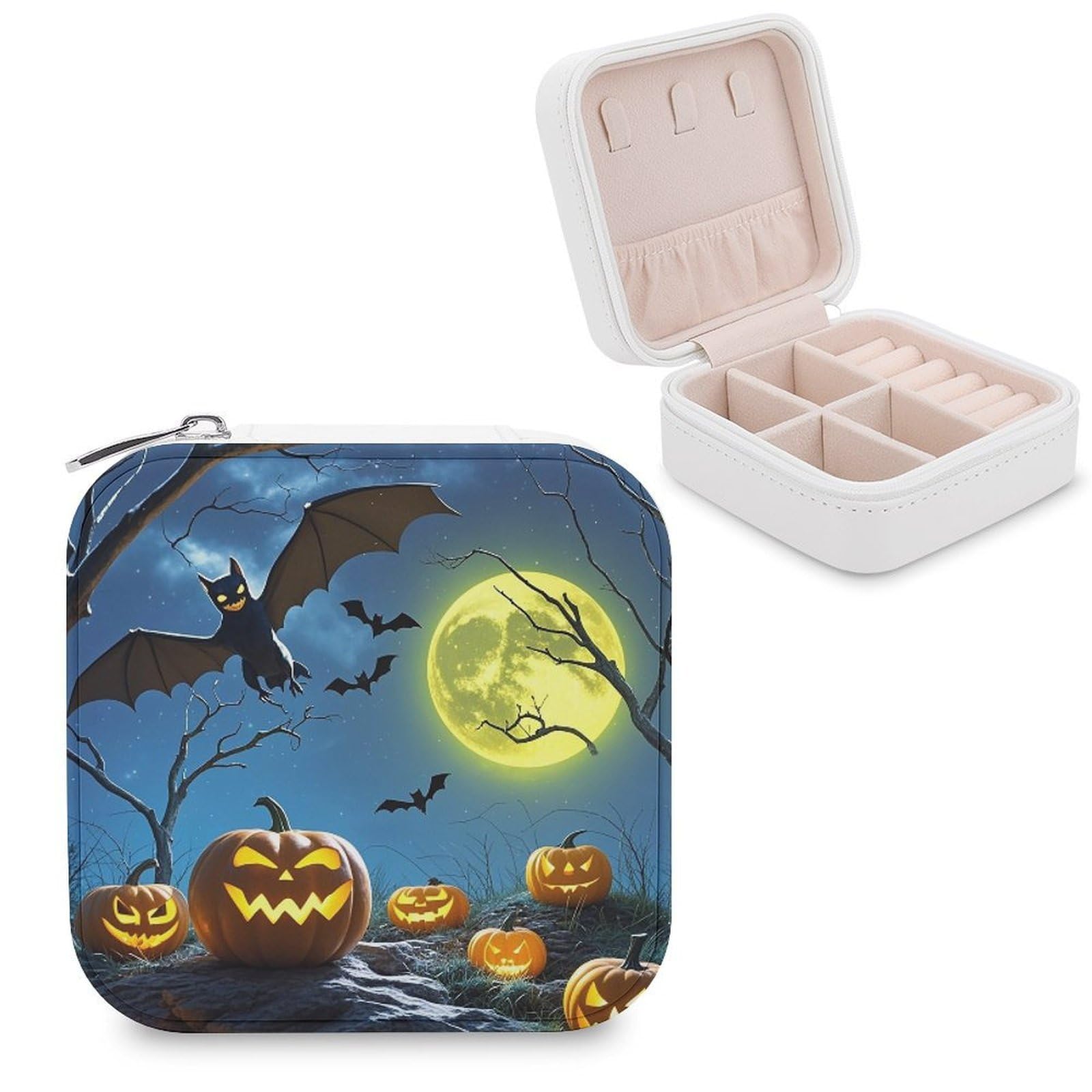 LZQPOEAS Bats And Pumpkins Jewelry Box Mini Jewelry Travel Case Trendy Stuff Ring Box Custom PU Leather Jewelry Boxes Portable Jewelry Case Earring Storage Organizer for Girls Women