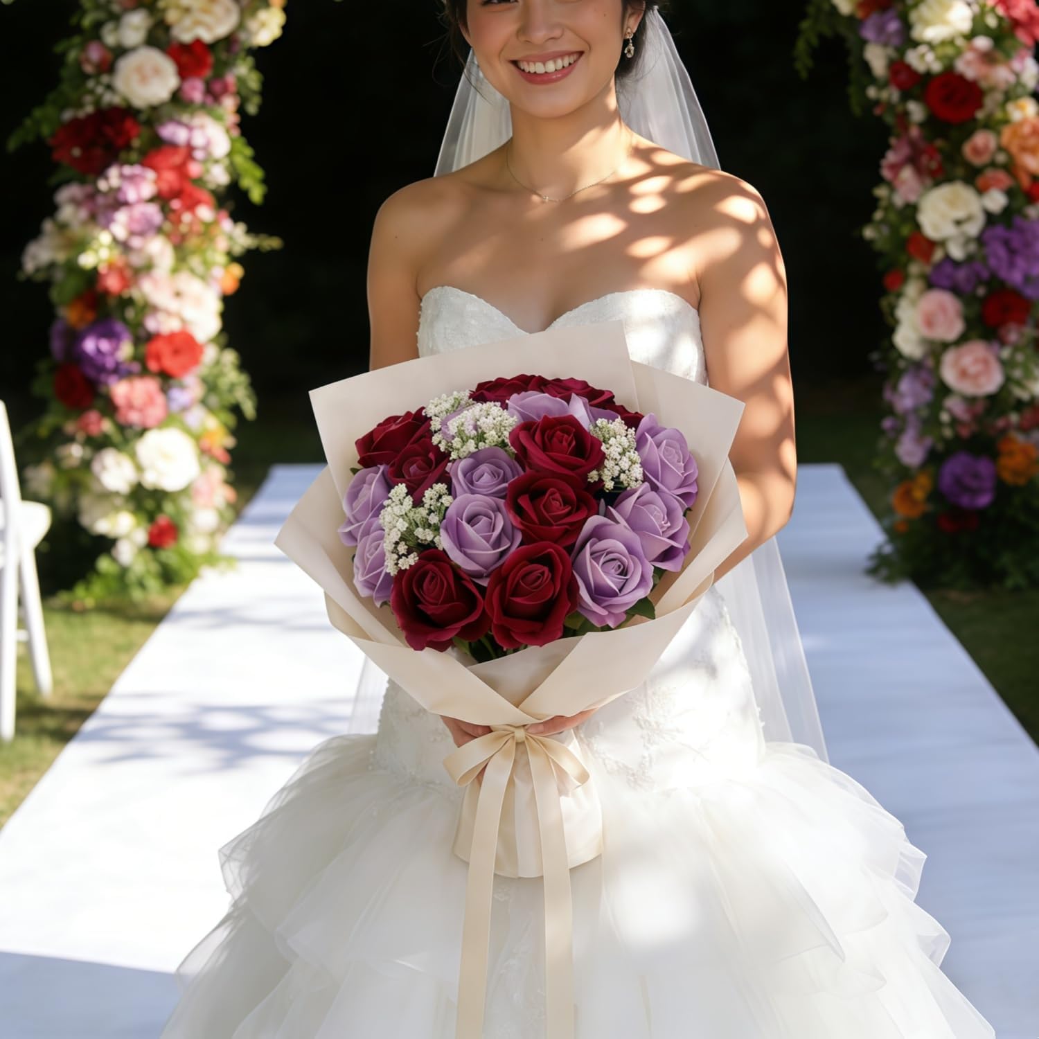 60 Pcs Artificial Purple Rose anf Gypsophila Bouquet, Fake Purple Rose for Bridal Wedding Vase Floral Decor