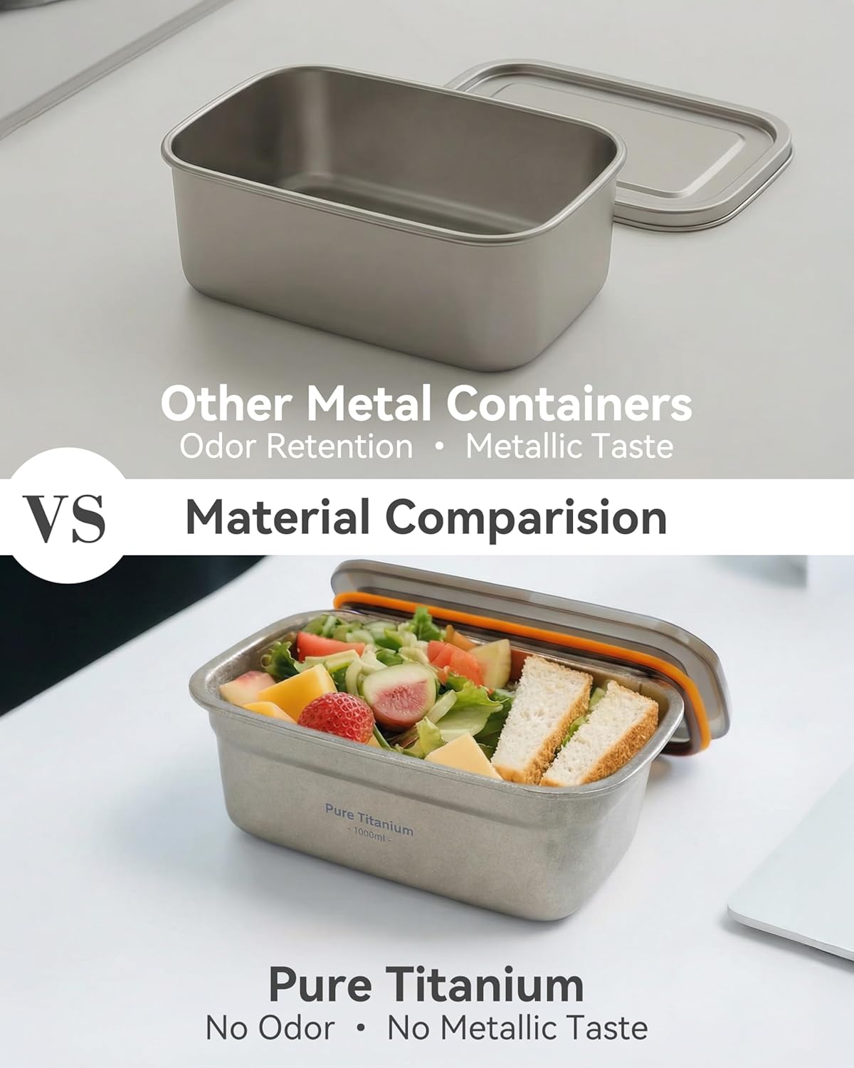 Metal Lunch Box – Lightweight Leakproof Titanium Lunch Container with Fork & Spoon, 1000ml, for Daily Meals (Titanium Natural) - Image 3