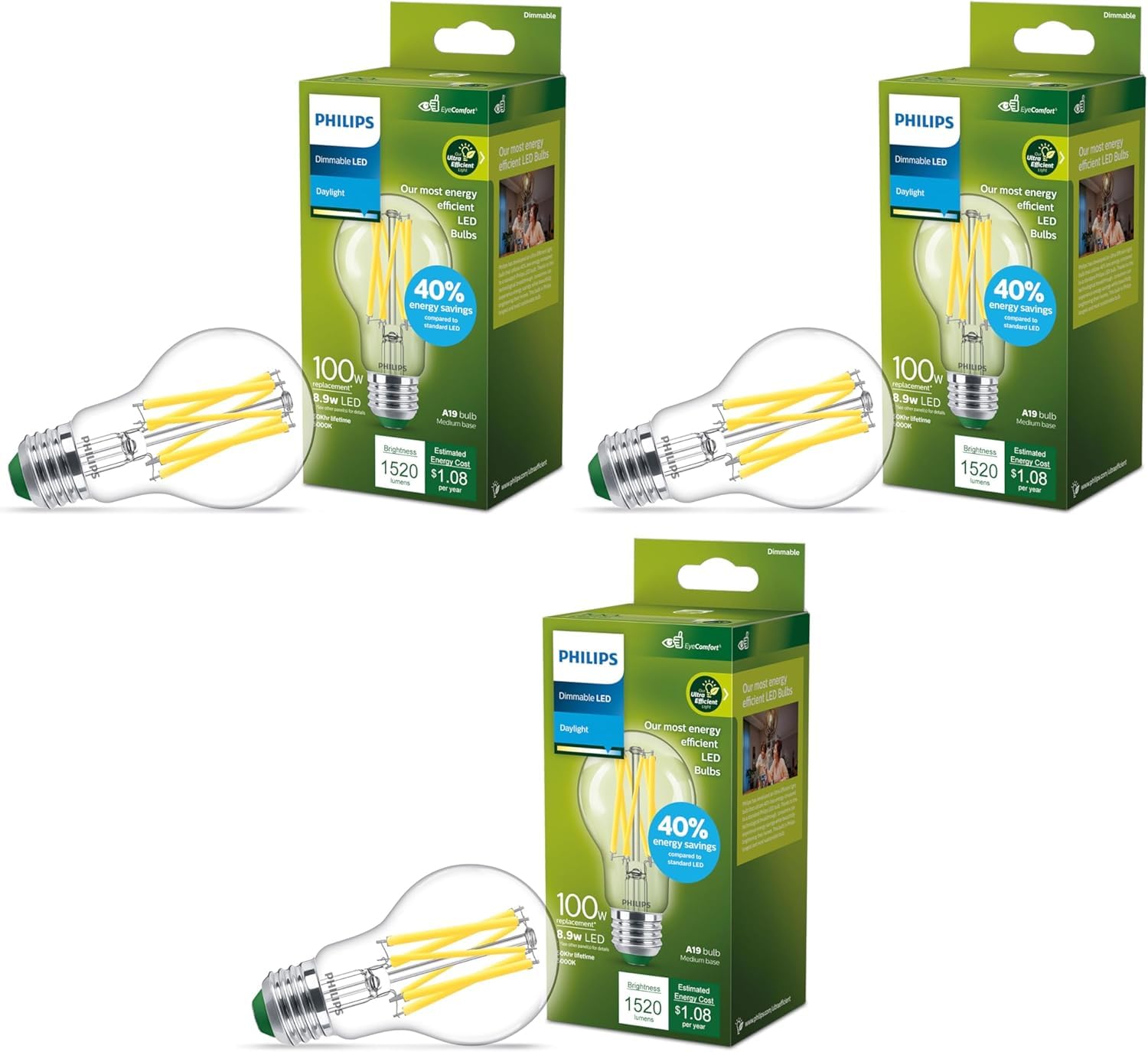 PHILIPS A19 Ultra Efficient Clear Dimmable LED Light Bulbs