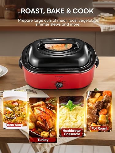 Miniatura 2 de FOHERE Horno asador eléctrico de 26 cuartos de galón con tapa visible y autofundante, tostador grande de pavo con función de descongelación y calor,