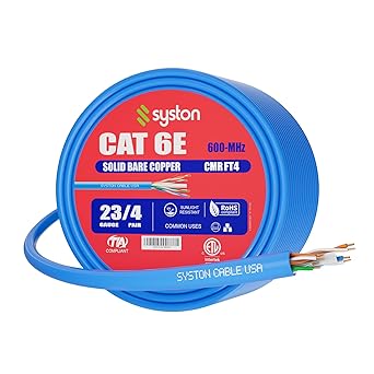 Cat6e Bulk Cable Raw 250 ft Pure Copper, Outdoor/Indoor Heat Resistant, Solid, 600Mhz, 23AWG, Riser Rated CMR, Blue No RJ45 Included Customize Available
