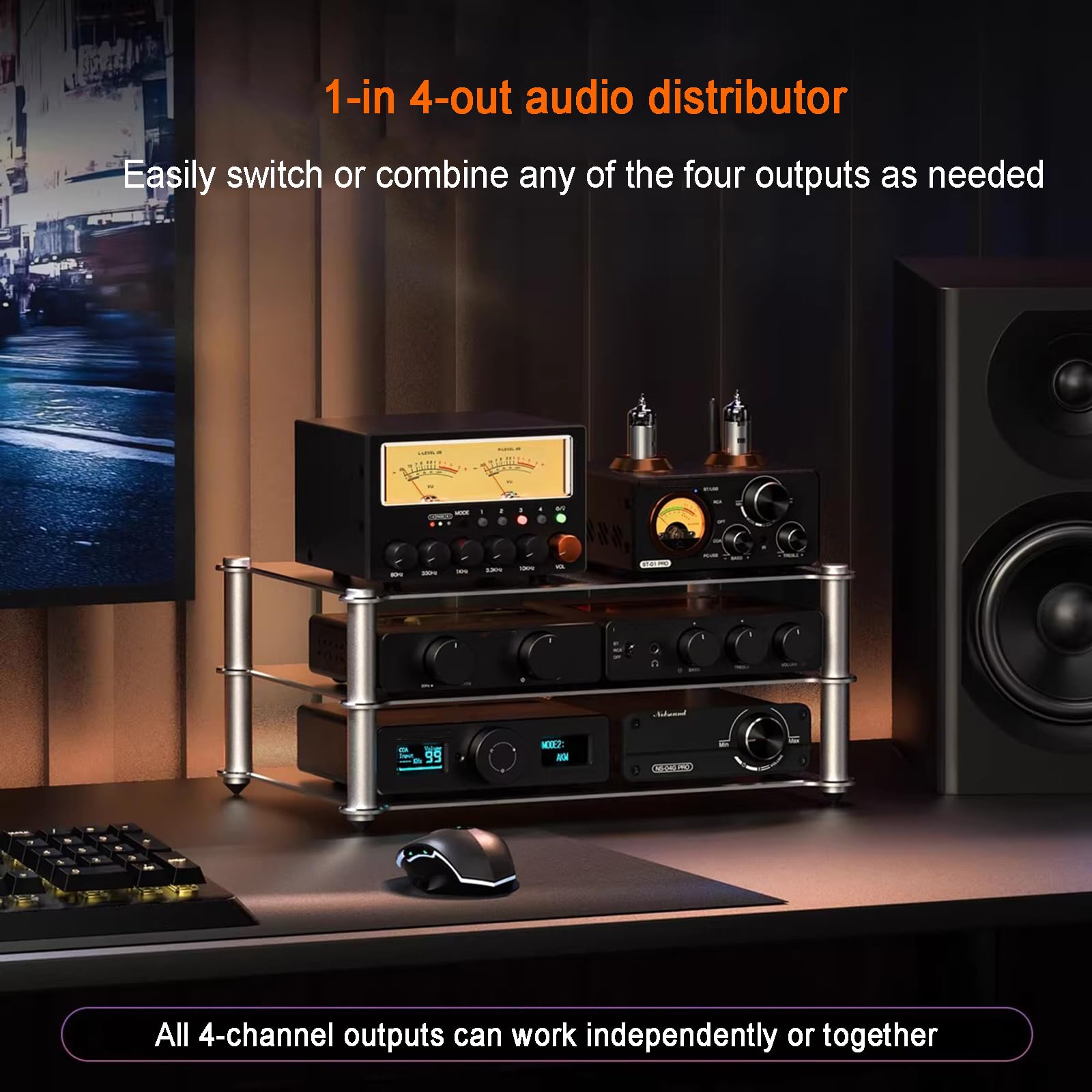 Interruttore audio a 4 vie con preamplificatore stereo HiFi EQ, splitter RCA, misuratore VU, amplificatore per cuffie, controllo del volume e ingresso AUX per Home Theater, studio o DJ
