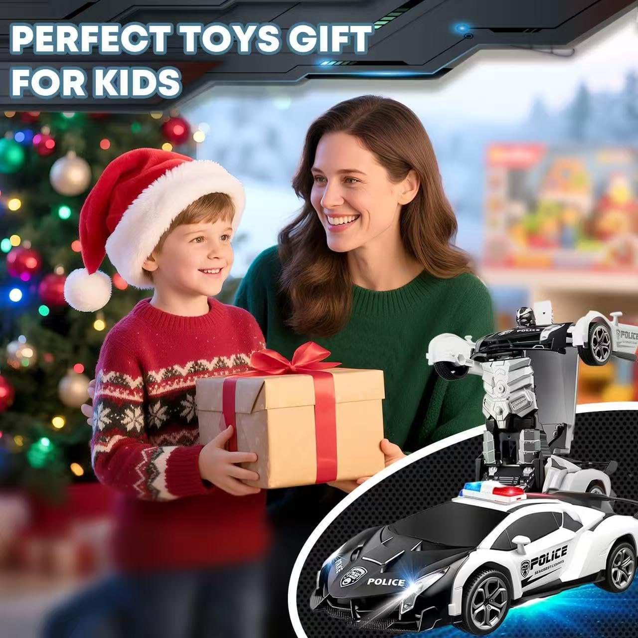 Transforming Remote Control Car, 2.4Ghz Transform Robot Toys for Boys 3-8 Years Old, 2 Rechargeable Batteries, RC Police Car with Lights, Deformation 360°Rotating Race Kids Toys Gifts