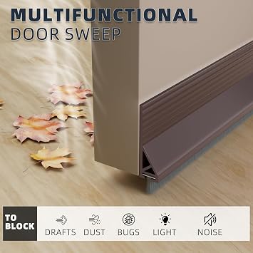 2 Pack Door Sweep for Bottom of Door with Brush,39 Silicone Under Door Draft Stopper Reduce Noise,Adhesive Door Gap Filler Bottom for Exterior & Interior Doors Blocker Dust Cold Air,Brown